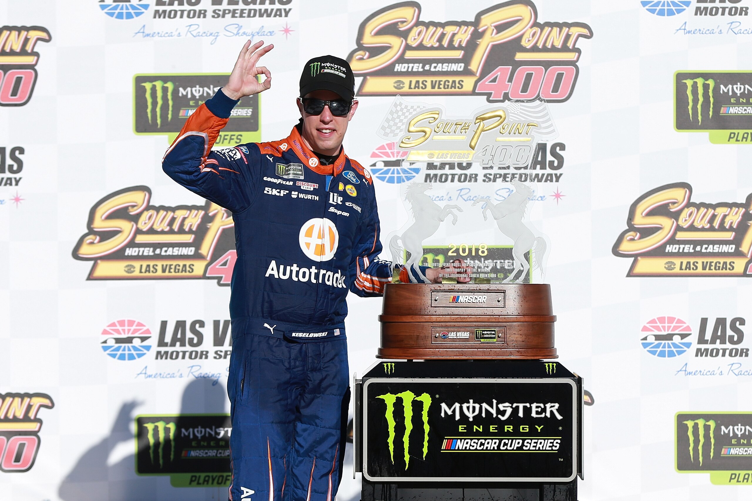 LAS VEGAS, NV - SEPTEMBER 16:  Brad Keselowski, driver of the #2 Discount Tire Ford, celebrates in victory lane after winning the Monster Energy NASCAR Cup Series SouthPoint 400 at Las Vegas Motor Speedway on September 16, 2018 in Las Vegas, Nevada.  (Pho