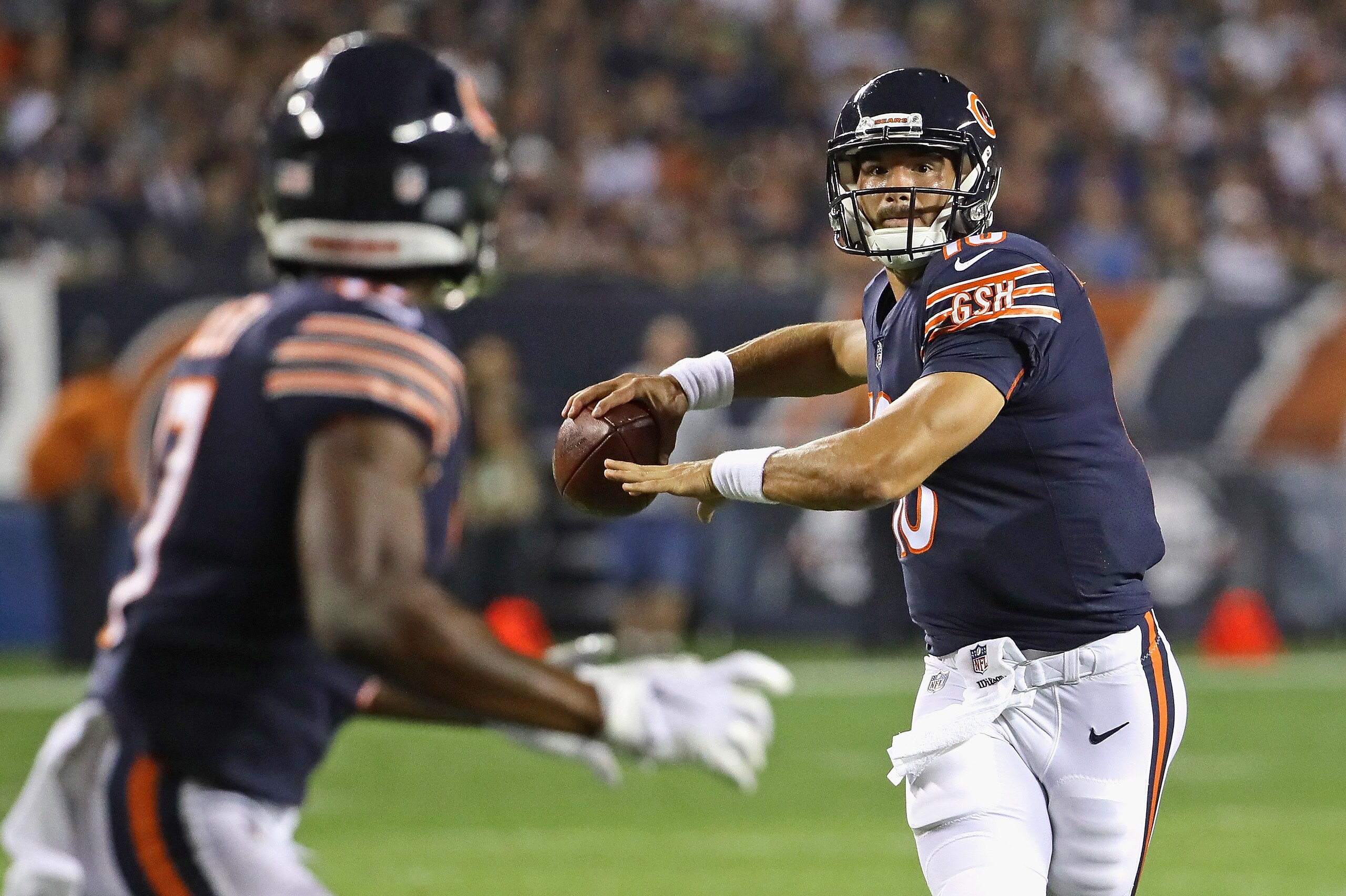 CHICAGO, IL - SEPTEMBER 17:  Mitchell Trubisky #10 of the Chicago Bears passes to Anthony Miller #17 against the Seattle Seahawks at Soldier Field on September 17, 2018 in Chicago, Illinois. The Bears defeated the Seahawks 24-17.  (Photo by Jonathan Danie