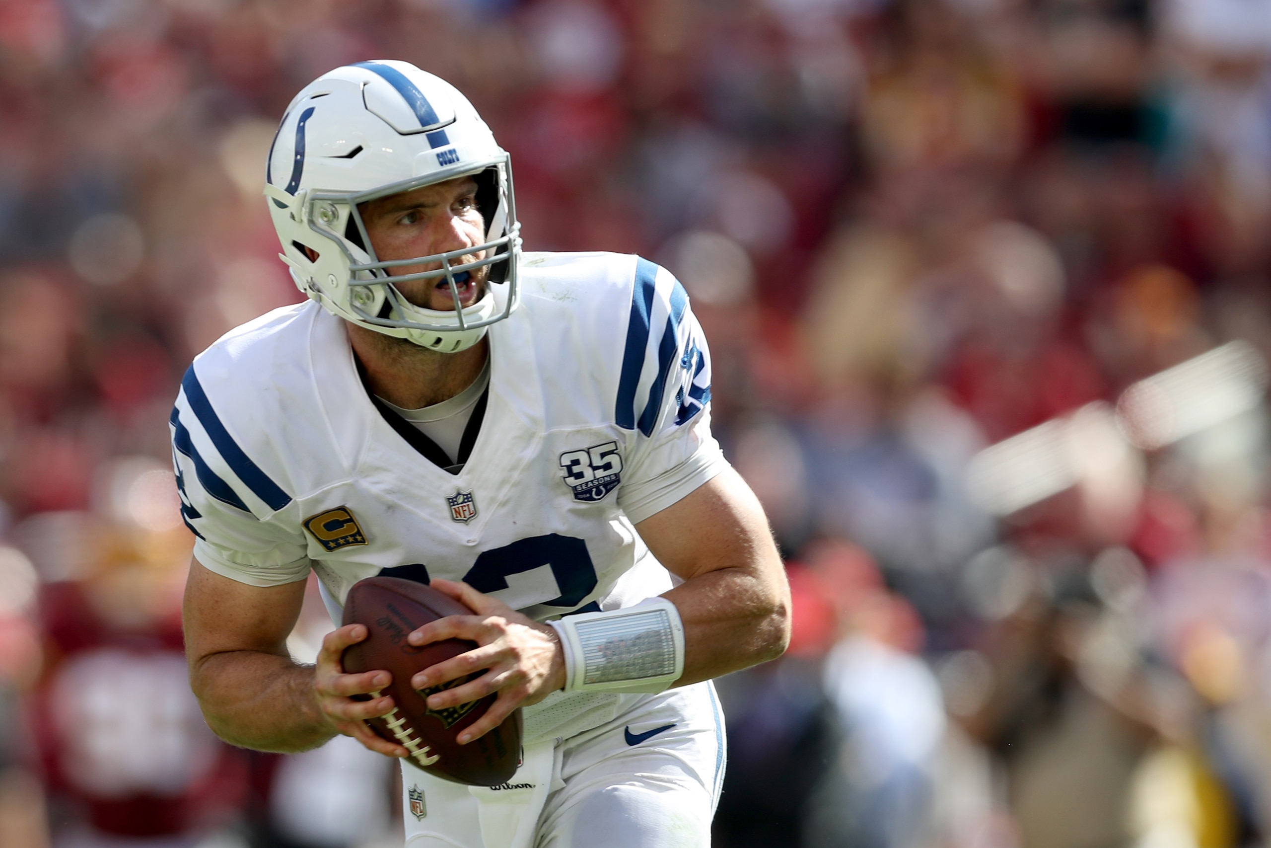 LANDOVER, MD - SEPTEMBER 16: Andrew Luck #12 of the Indianapolis Colts drops back to pass in the second half against the Washington Redskins in fourth quarter at FedExField on September 16, 2018 in Landover, Maryland. (Photo by Rob Carr/Getty Images)