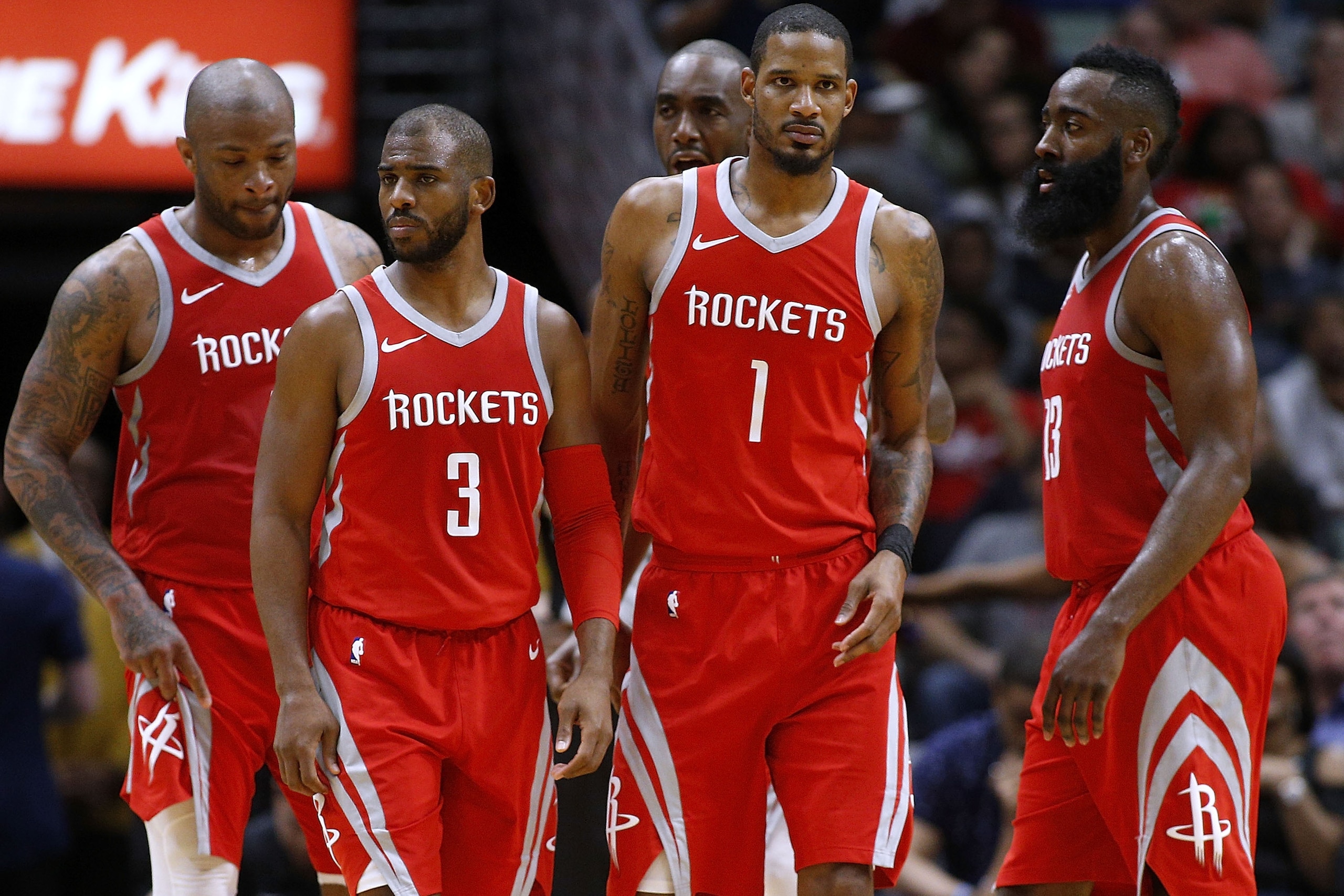 NEW ORLEANS, LA - MARCH 17:  Chris Paul #3 of the Houston Rockets, James Harden #13, Trevor Ariza #1, Luc Mbah a Moute #12 and PJ Tucker #4 talk during the second half against the New Orleans Pelicans at the Smoothie King Center on March 17, 2018 in New O