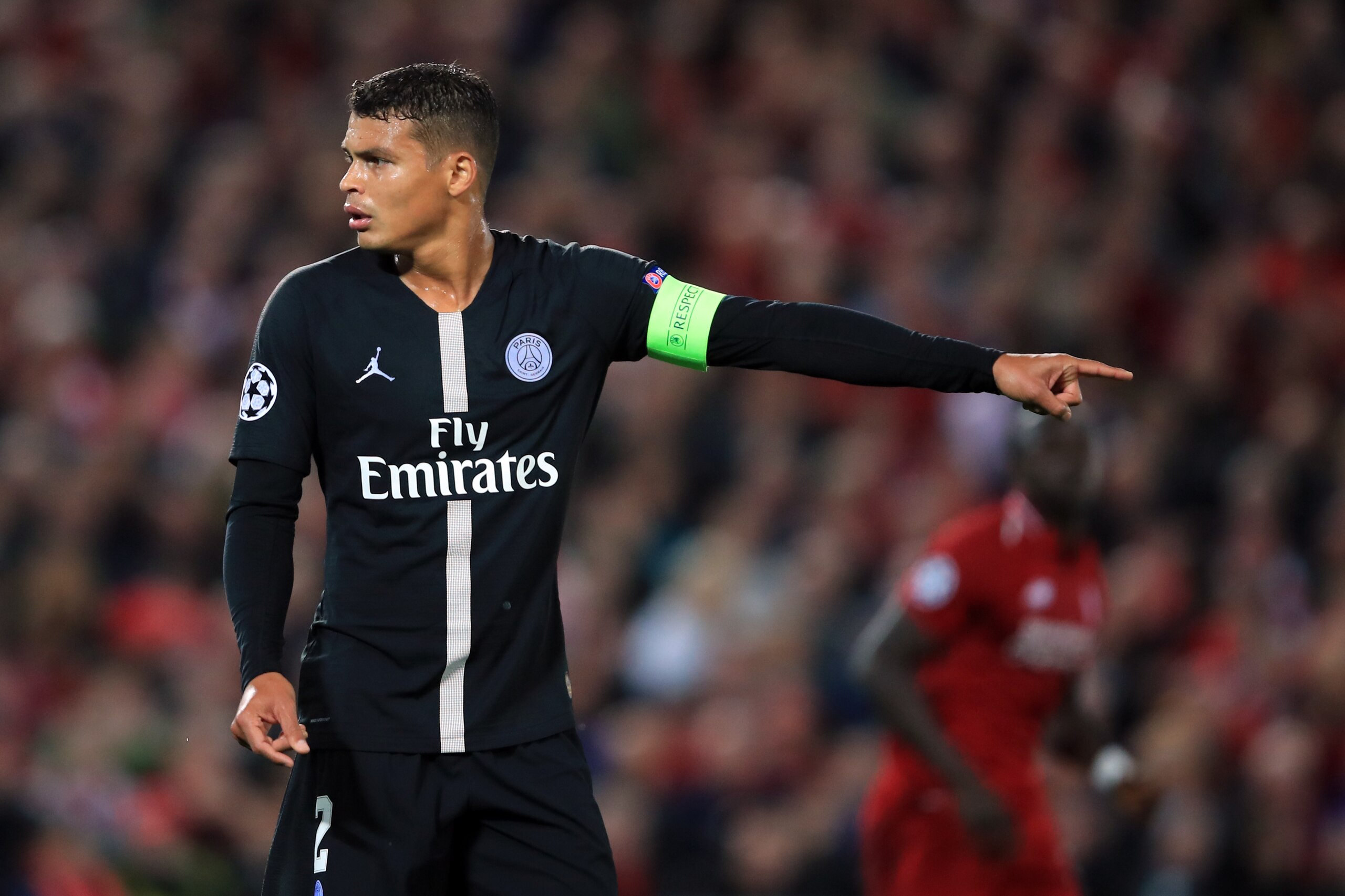 LIVERPOOL, ENGLAND - SEPTEMBER 18:  Thiago Silva of Paris Saint-Germain during the Group C match of the UEFA Champions League between Liverpool and Paris Saint-Germain at Anfield on September 18, 2018 in Liverpool, United Kingdom. (Photo by Marc Atkins/Ge