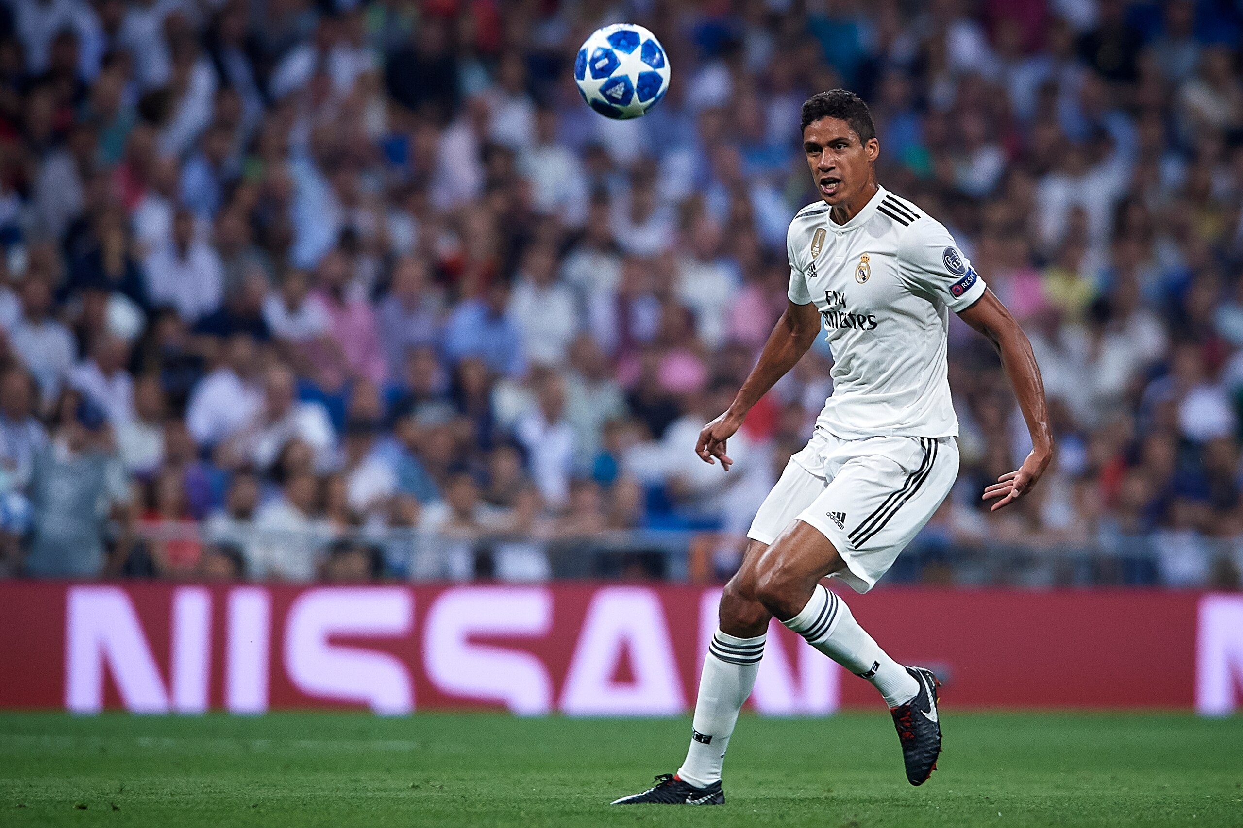 MADRID, SPAIN - SEPTEMBER 19:  Raphael Varane of Real Madrid in action during the Group G match of the UEFA Champions League between Real Madrid  and AS Roma at Bernabeu on September 19, 2018 in Madrid, Spain.  (Photo by Quality Sport Images/Getty Images)