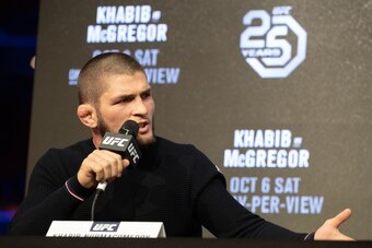 NEW YORK, NY - SEPTEMBER 20: UFC lightweight champion Khabib Nurmagomedov speaks at the UFC 229 press conference at Radio City Music Hall on September 20, 2018 in New York City. Nurmagomedov will face Conor McGregor in the main event on October 6, 2018 at