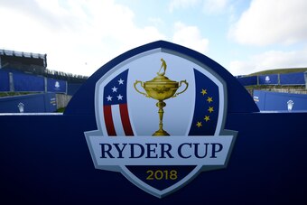 The Ryder Cup logo is seen on September 19, 2018, at the Golf National in Guyancourt, near Paris where the biennial men's golf competition, the Ryder Cup will take place in September with Thomas Bjørn set to lead Europe against Jim Furyk's United States. 