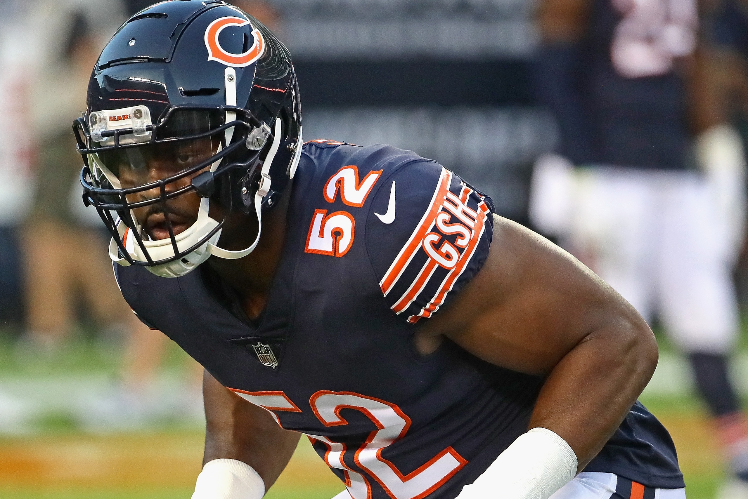 CHICAGO, IL - SEPTEMBER 17:  Khalil Mack #52 of the Chicago Bears participates in warm-ups before a game against the Seattle Seahawks at Soldier Field on September 17, 2018 in Chicago, Illinois. The Bears defeated the Seahawks 24-17.  (Photo by Jonathan D