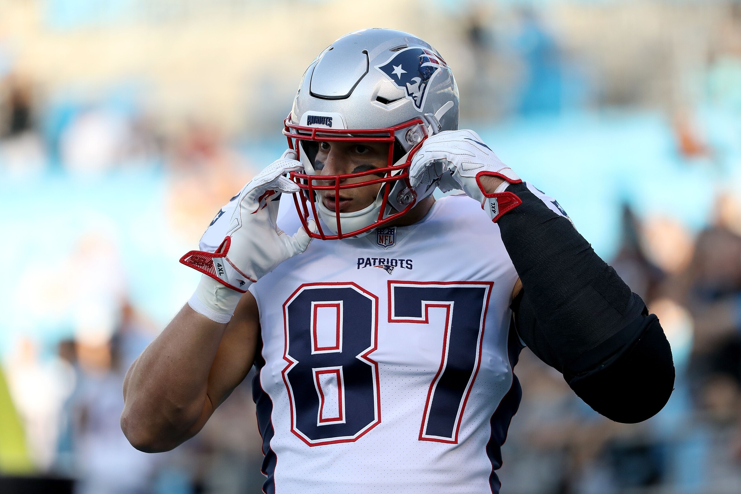 CHARLOTTE, NC - AUGUST 24:  Rob Gronkowski #87 of the New England Patriots warms up before their game against the Carolina Panthers at Bank of America Stadium on August 24, 2018 in Charlotte, North Carolina.  (Photo by Streeter Lecka/Getty Images)