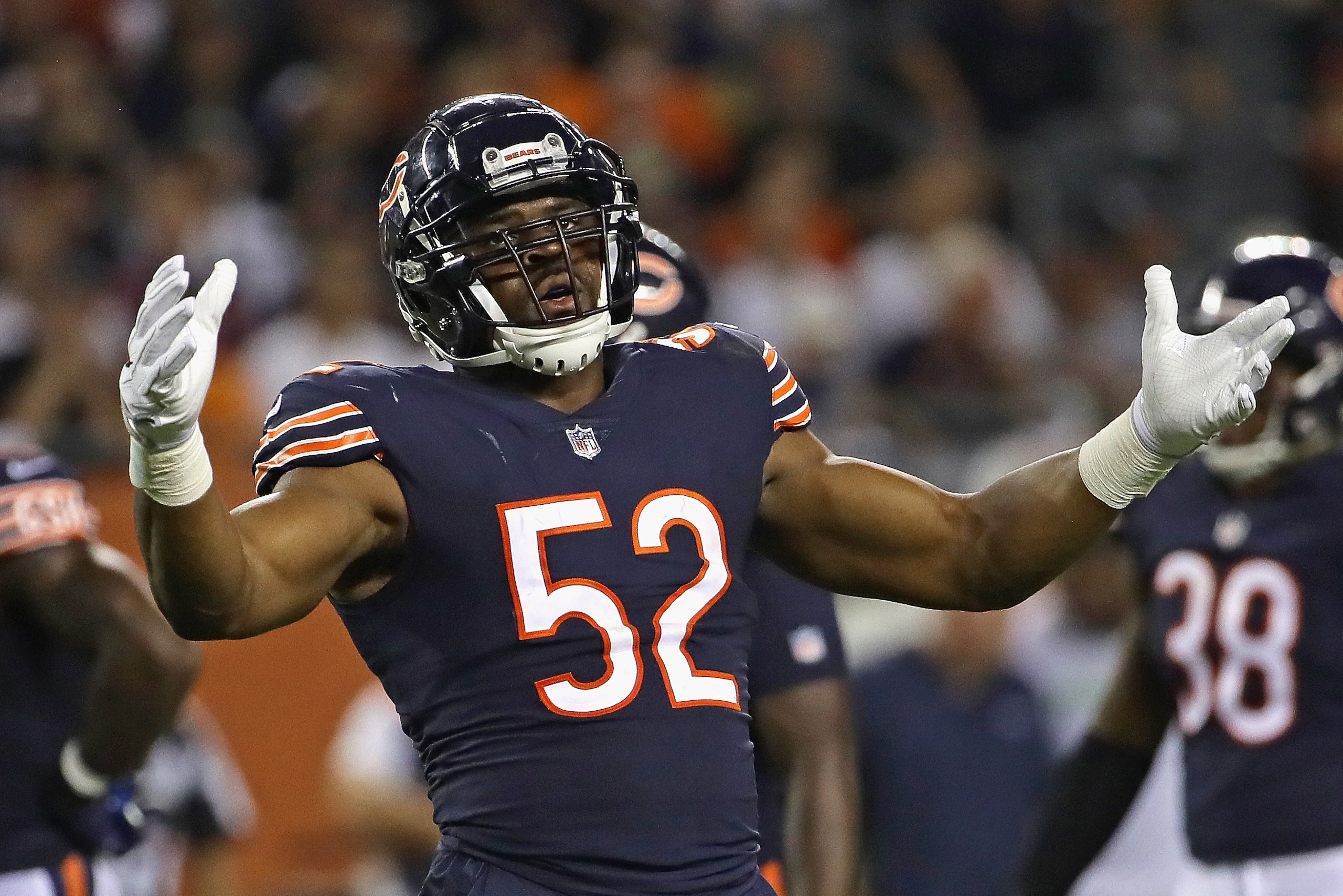 CHICAGO, IL - SEPTEMBER 17: Khalil Mack #52 of the Chicago Bears encourages the crowd to cheer against the Seattle Seahawks at Soldier Field on September 17, 2018 in Chicago, Illinois. The Bears defeated the Seahawks 24-17. (Photo by Jonathan Daniel/Get CHICAGO, IL - SEPTEMBER 17: Khalil Mack #52 of the Chicago Bears encourages the crowd to cheer against the Seattle Seahawks at Soldier Field on September 17, 2018 in Chicago, Illinois. The Bears defeated the Seahawks 24-17. (Photo by Jonathan Daniel/Get