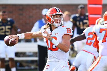ATLANTA, GA - SEPTEMBER 22: Trevor Lawrence #16 of the Clemson Tigers passes against the Georgia Tech Yellow Jackets on September 22, 2018 in Atlanta, Georgia. (Photo by Scott Cunningham/Getty Images)