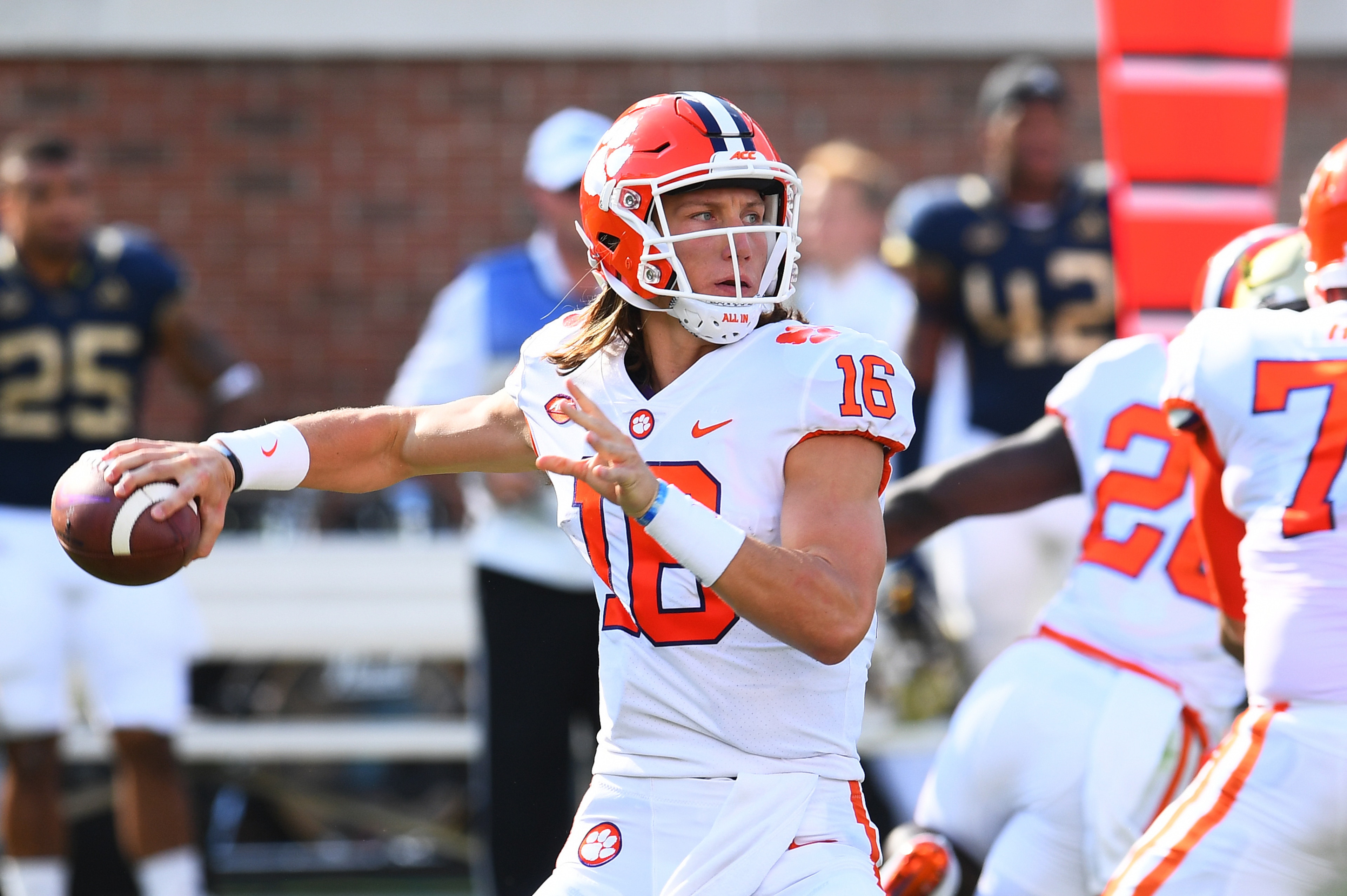 ATLANTA, GA - SEPTEMBER 22: Trevor Lawrence #16 of the Clemson Tigers passes against the Georgia Tech Yellow Jackets on September 22, 2018 in Atlanta, Georgia. (Photo by Scott Cunningham/Getty Images)