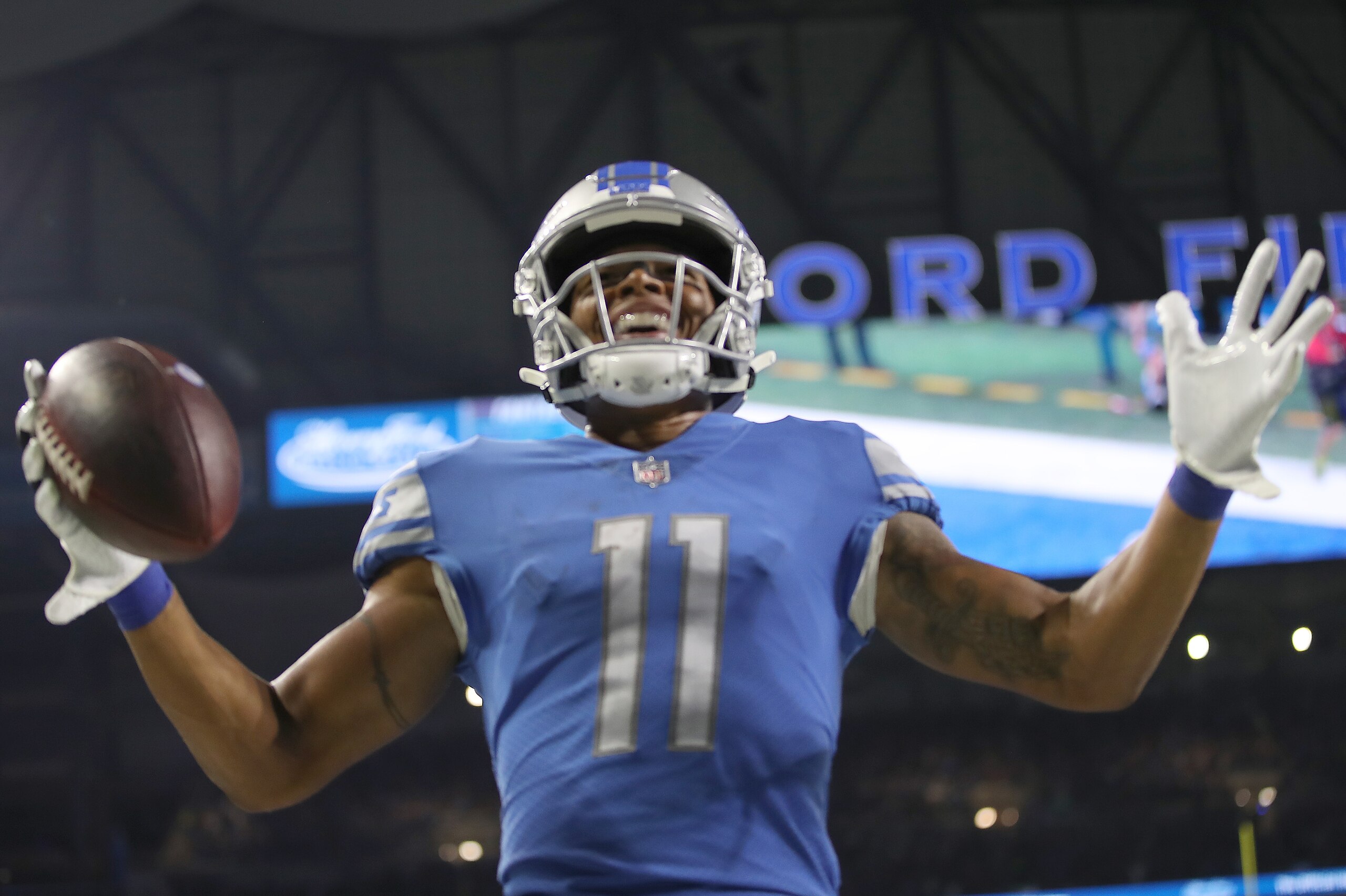 DETROIT, MI - SEPTEMBER 23: Marvin Jones #11 of the Detroit Lions celebrates his third quarter touchdown  against the New England Patriots at Ford Field on September 23, 2018 in Detroit, Michigan. (Photo by Gregory Shamus/Getty Images)