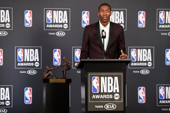 SANTA MONICA, CA - JUNE 25: Jamal Crawford #11 of the Minnesota Timberwolves talks to the media during a press conference after winning the Twyman-Stokes Teammate of the Year Award at the NBA Awards Show on June 25, 2018 at the Barker Hangar in Santa Moni