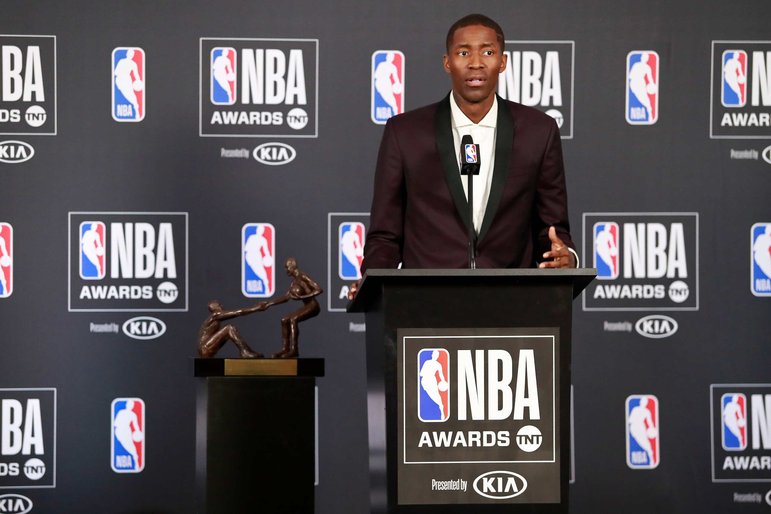 SANTA MONICA, CA - JUNE 25: Jamal Crawford #11 of the Minnesota Timberwolves talks to the media during a press conference after winning the Twyman-Stokes Teammate of the Year Award at the NBA Awards Show on June 25, 2018 at the Barker Hangar in Santa Moni