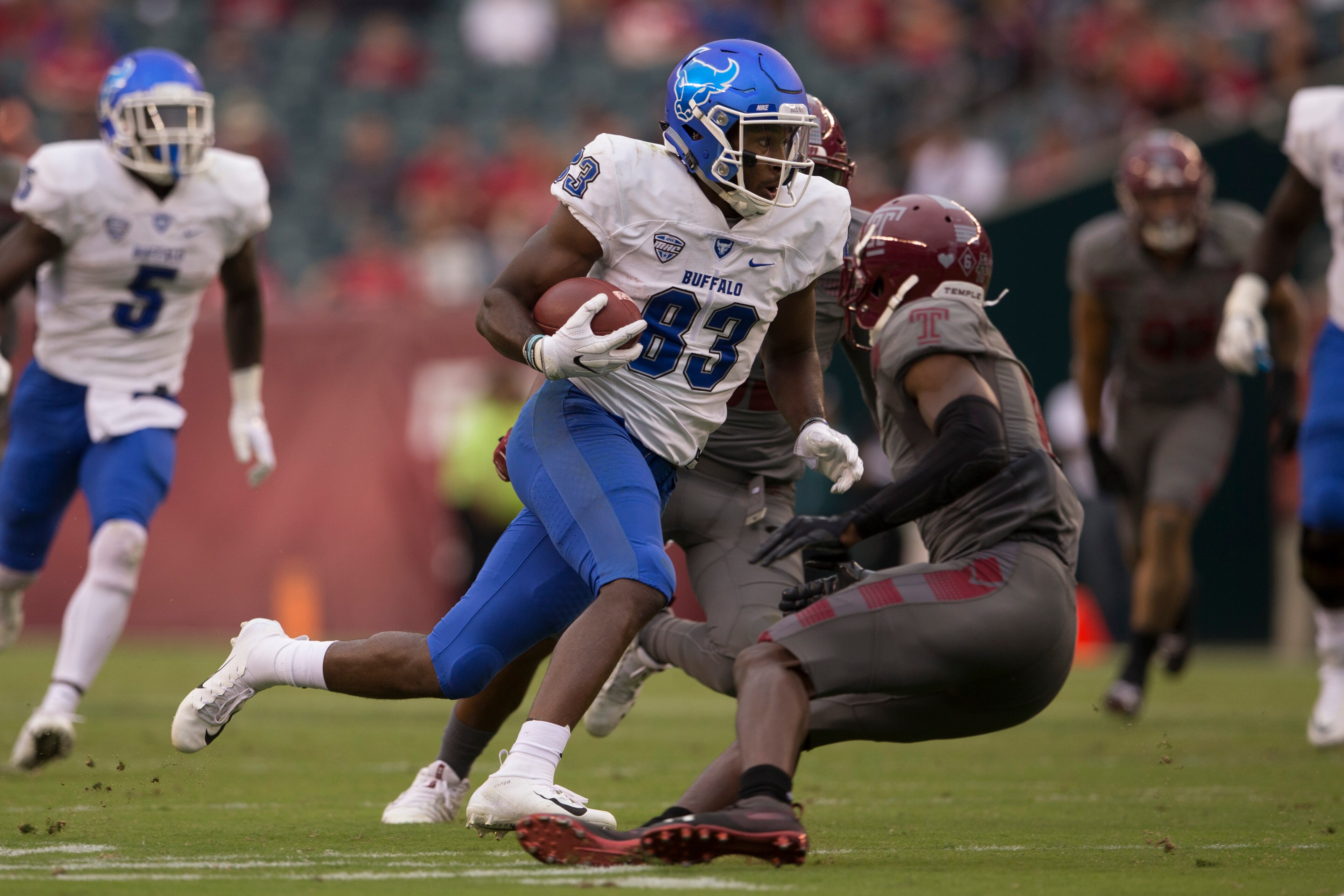 PHILADELPHIA, PA - SEPTEMBER 08: Anthony Johnson #83 of the Buffalo Bulls runs with the ball against the Temple Owls at Lincoln Financial Field on September 8, 2018 in Philadelphia, Pennsylvania. (Photo by Mitchell Leff/Getty Images) PHILADELPHIA, PA - SEPTEMBER 08: Anthony Johnson #83 of the Buffalo Bulls runs with the ball against the Temple Owls at Lincoln Financial Field on September 8, 2018 in Philadelphia, Pennsylvania. (Photo by Mitchell Leff/Getty Images)