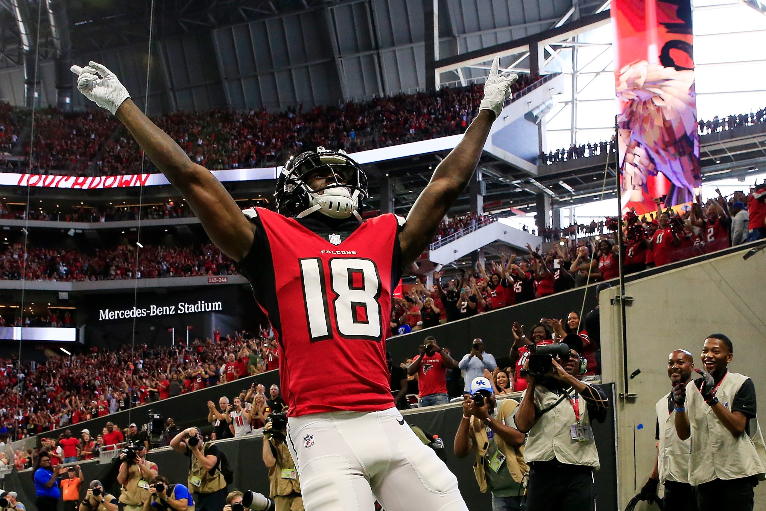 ATLANTA, GA - SEPTEMBER 23: Calvin Ridley #18 of the Atlanta Falcons celebrates a touchdown catch during the first half against the New Orleans Saints at Mercedes-Benz Stadium on September 23, 2018 in Atlanta, Georgia. (Photo by Daniel Shirey/Getty Images ATLANTA, GA - SEPTEMBER 23: Calvin Ridley #18 of the Atlanta Falcons celebrates a touchdown catch during the first half against the New Orleans Saints at Mercedes-Benz Stadium on September 23, 2018 in Atlanta, Georgia. (Photo by Daniel Shirey/Getty Images
