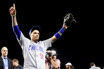 LOS ANGELES, CA - OCTOBER 20:  Javier Baez #9 of the Chicago Cubs  celebrates after the Chicago Cubs win 8-4 against the Los Angeles Dodgers in game five of the National League Division Series at Dodger Stadium on October 20, 2016 in Los Angeles, Californ