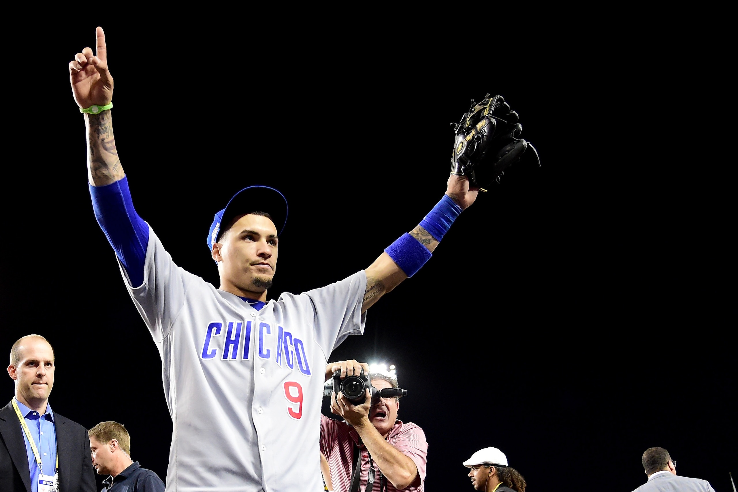LOS ANGELES, CA - OCTOBER 20:  Javier Baez #9 of the Chicago Cubs  celebrates after the Chicago Cubs win 8-4 against the Los Angeles Dodgers in game five of the National League Division Series at Dodger Stadium on October 20, 2016 in Los Angeles, Californ