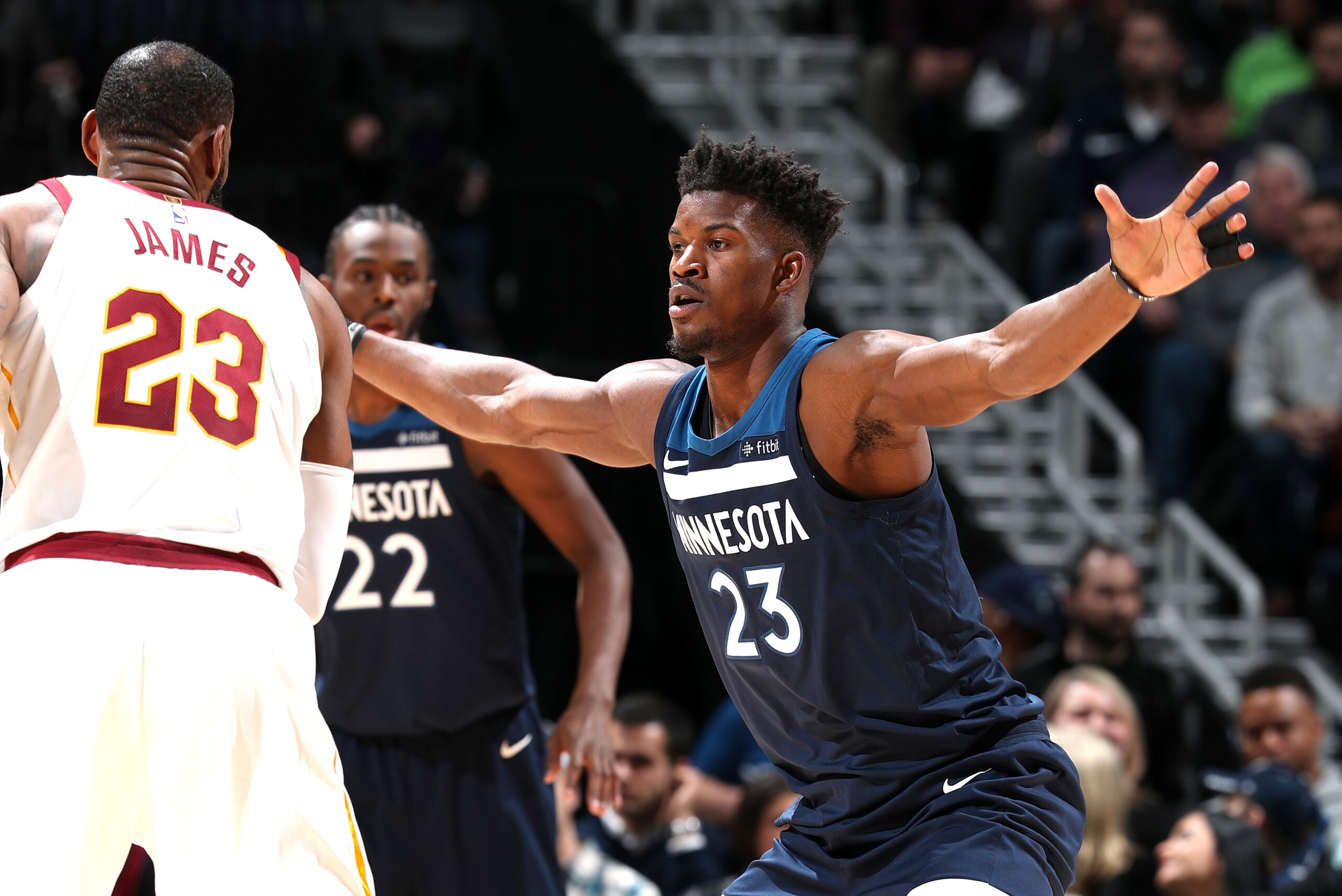 MINNEAPOLIS, MN - JANUARY 8: Jimmy Butler #23 of the Minnesota Timberwolves on the defense against LeBron James #23 of the Cleveland Cavaliers on January 8, 2018 at Target Center in Minneapolis, Minnesota. NOTE TO USER: User expressly acknowledges and ag MINNEAPOLIS, MN - JANUARY 8: Jimmy Butler #23 of the Minnesota Timberwolves on the defense against LeBron James #23 of the Cleveland Cavaliers on January 8, 2018 at Target Center in Minneapolis, Minnesota. NOTE TO USER: User expressly acknowledges and ag