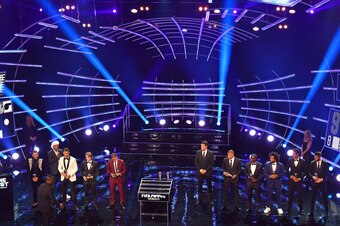 (L-R) Brazil and PSG defender Dani Alves, Presenter Former Brazil and Barcelona player Ronaldinho, Real madrid and Spain defender Sergio Ramos, Real Madrid and Croatia midfielder Luka Modric, Chelsea and Belgium midfielder Eden Hazard, presenter former Ge