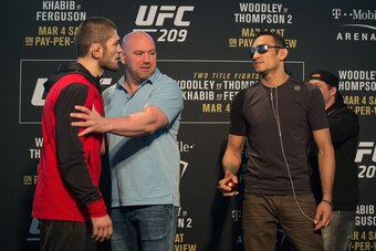 LAS VEGAS, NV - MARCH 02:  (L-R) Khabib Nurmagomedov of Russia and Tony Ferguson face off during the UFC 209 Ultimate Media Day inside TMobile Arena on March 2, 2017 in Las Vegas, Nevada. (Photo by Brandon Magnus/Zuffa LLC/Zuffa LLC via Getty Images)
