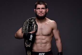 BROOKLYN, NEW YORK - APRIL 07:  Khabib Nurmagomedov of Russia poses for a portrait backstage after his victory over Al Iaquinta during the UFC 223 event inside Barclays Center on April 7, 2018 in Brooklyn, New York. (Photo by Mike Roach/Zuffa LLC/Zuffa LL