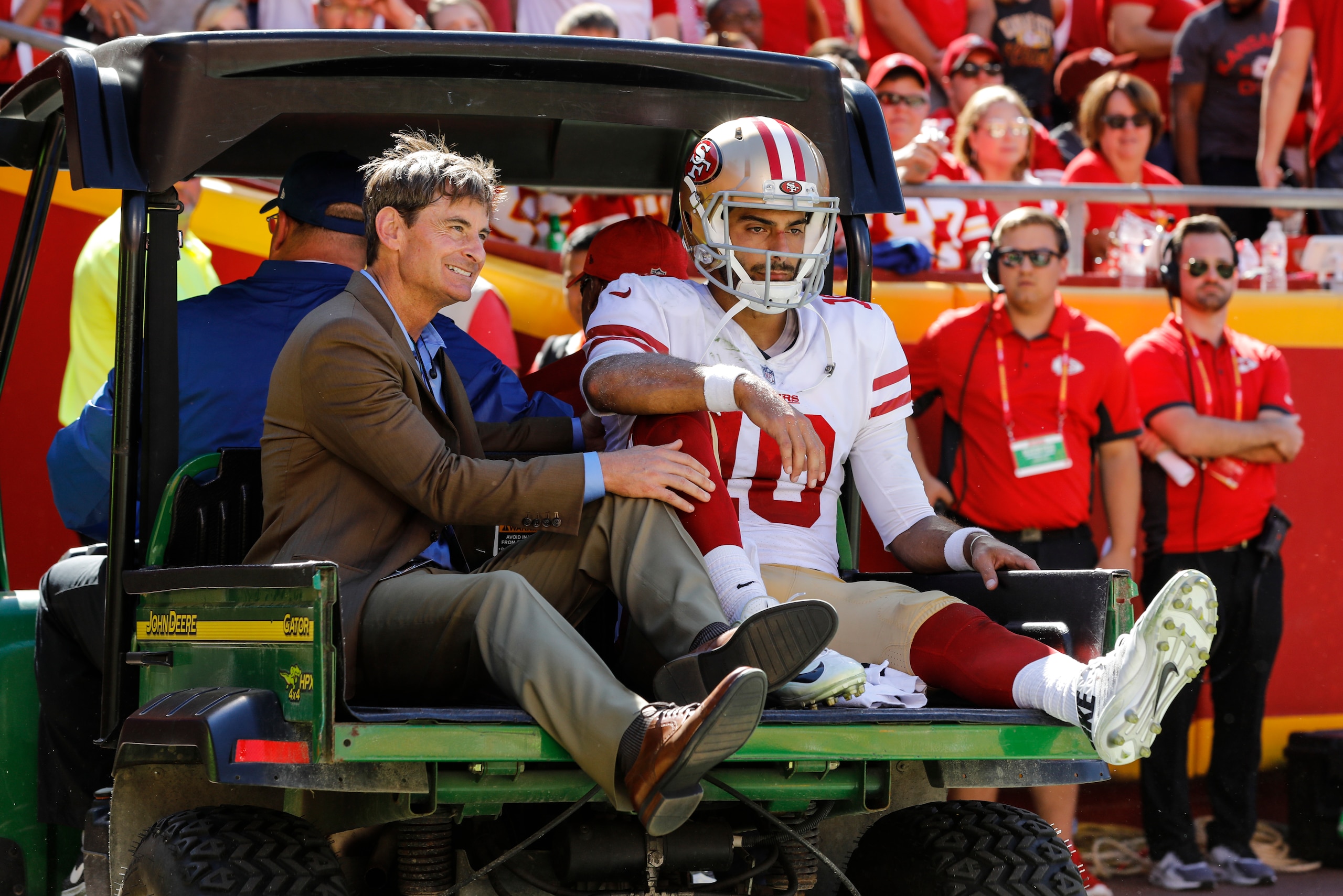 KANSAS CITY, MO - SEPTEMBER 23: Jimmy Garoppolo #10 of the San Francisco 49ers is carted off the field after an injury during the fourth quarter of the game against the Kansas City Chiefs at Arrowhead Stadium on September 23rd, 2018 in Kansas City, Missou