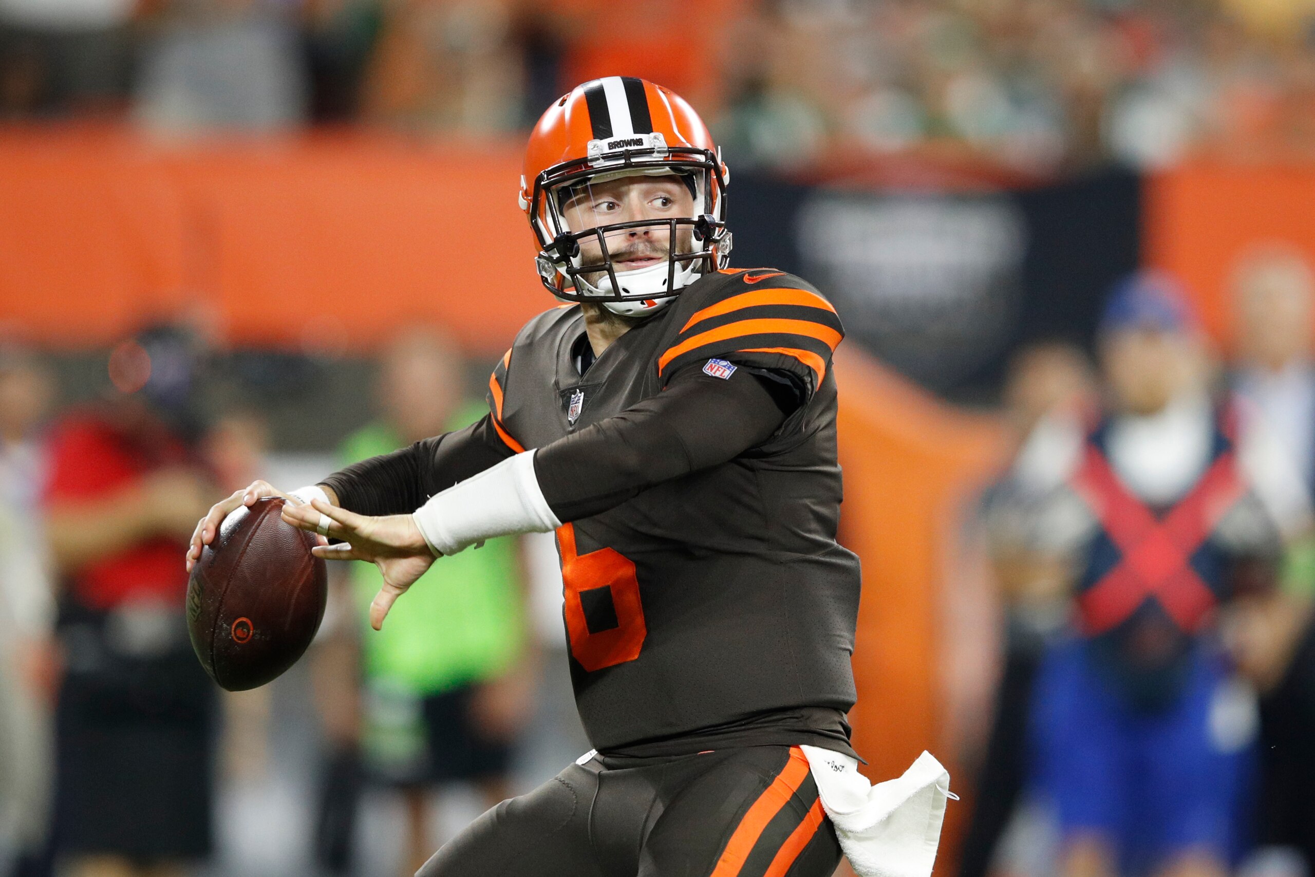 CLEVELAND, OH - SEPTEMBER 20: Baker Mayfield #6 of the Cleveland Browns throws a pass during the game against the New York Jets at FirstEnergy Stadium on September 20, 2018 in Cleveland, Ohio. The Browns won 21-17. (Photo by Joe Robbins/Getty Images)