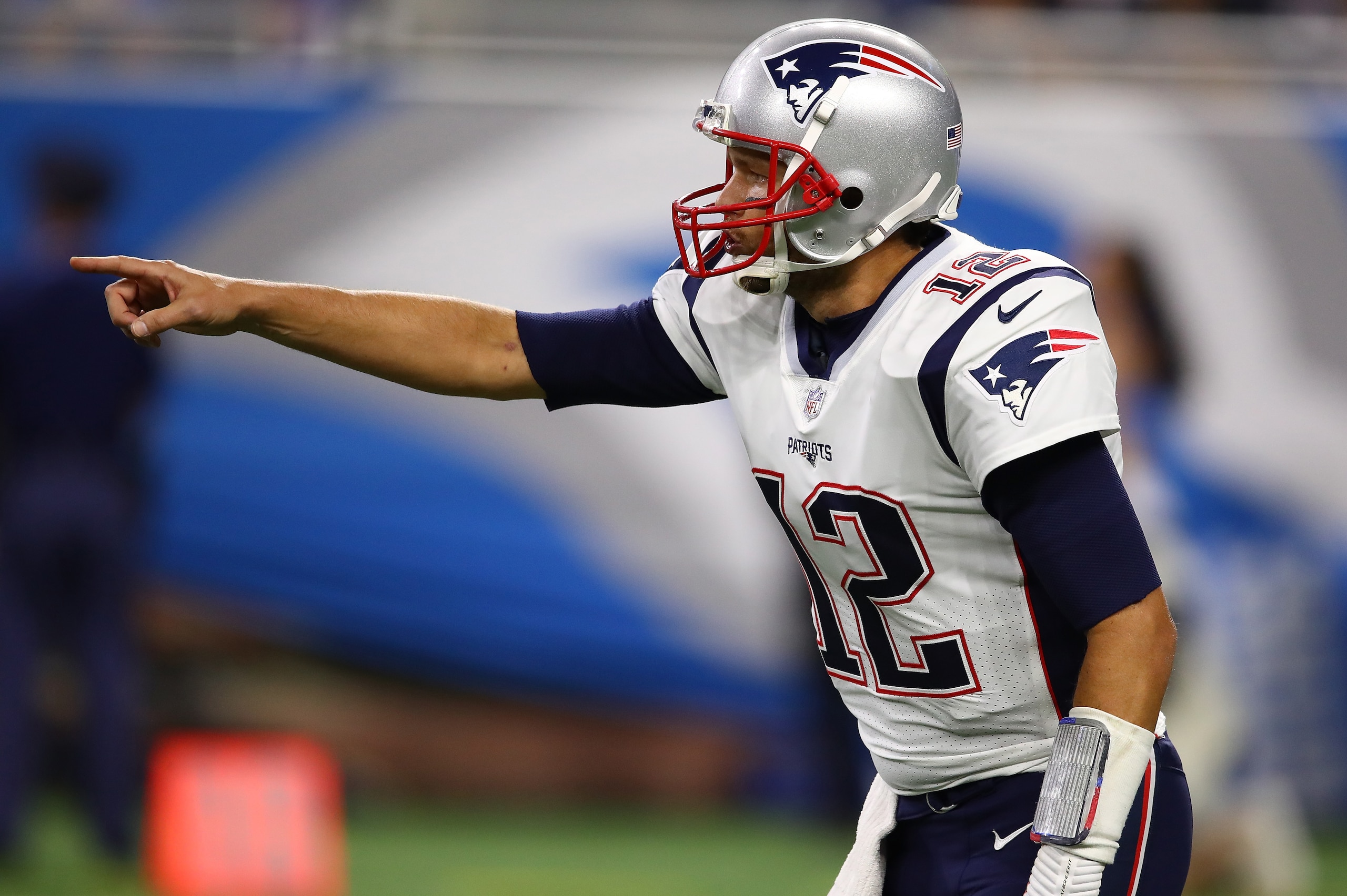 DETROIT, MI - SEPTEMBER 23: Quarterback Tom Brady #12 of the New England Patriots directs his team against the Detroit Lions during the first half at Ford Field on September 23, 2018 in Detroit, Michigan. (Photo by Gregory Shamus/Getty Images) DETROIT, MI - SEPTEMBER 23: Quarterback Tom Brady #12 of the New England Patriots directs his team against the Detroit Lions during the first half at Ford Field on September 23, 2018 in Detroit, Michigan. (Photo by Gregory Shamus/Getty Images)