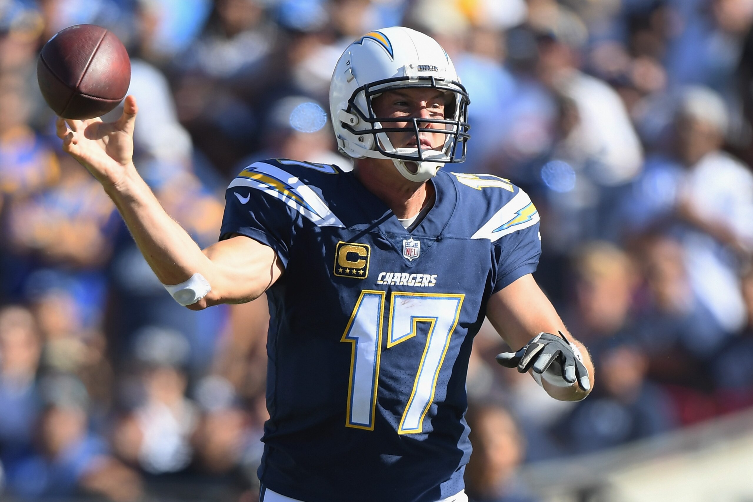 LOS ANGELES, CA - SEPTEMBER 23: Quarterback Philip Rivers #17 of the Los Angeles Chargers passes the ball in the third quarter of the game against the Los Angeles Rams at Los Angeles Memorial Coliseum on September 23, 2018 in Los Angeles, California. (P LOS ANGELES, CA - SEPTEMBER 23: Quarterback Philip Rivers #17 of the Los Angeles Chargers passes the ball in the third quarter of the game against the Los Angeles Rams at Los Angeles Memorial Coliseum on September 23, 2018 in Los Angeles, California. (P