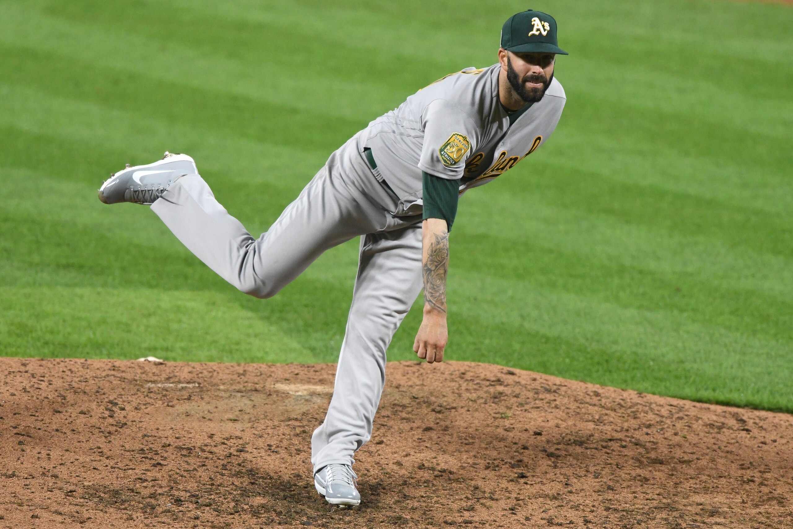 BALTIMORE, MD - SEPTEMBER 11: Mike Fiers #50 of the Oakland Athletics pitches during a baseball game against the Baltimore Orioles at Oriole Park at Camden Yards on September 11, 2018 in Baltimore, Maryland. (Photo by Mitchell Layton/Getty Images) BALTIMORE, MD - SEPTEMBER 11: Mike Fiers #50 of the Oakland Athletics pitches during a baseball game against the Baltimore Orioles at Oriole Park at Camden Yards on September 11, 2018 in Baltimore, Maryland. (Photo by Mitchell Layton/Getty Images)