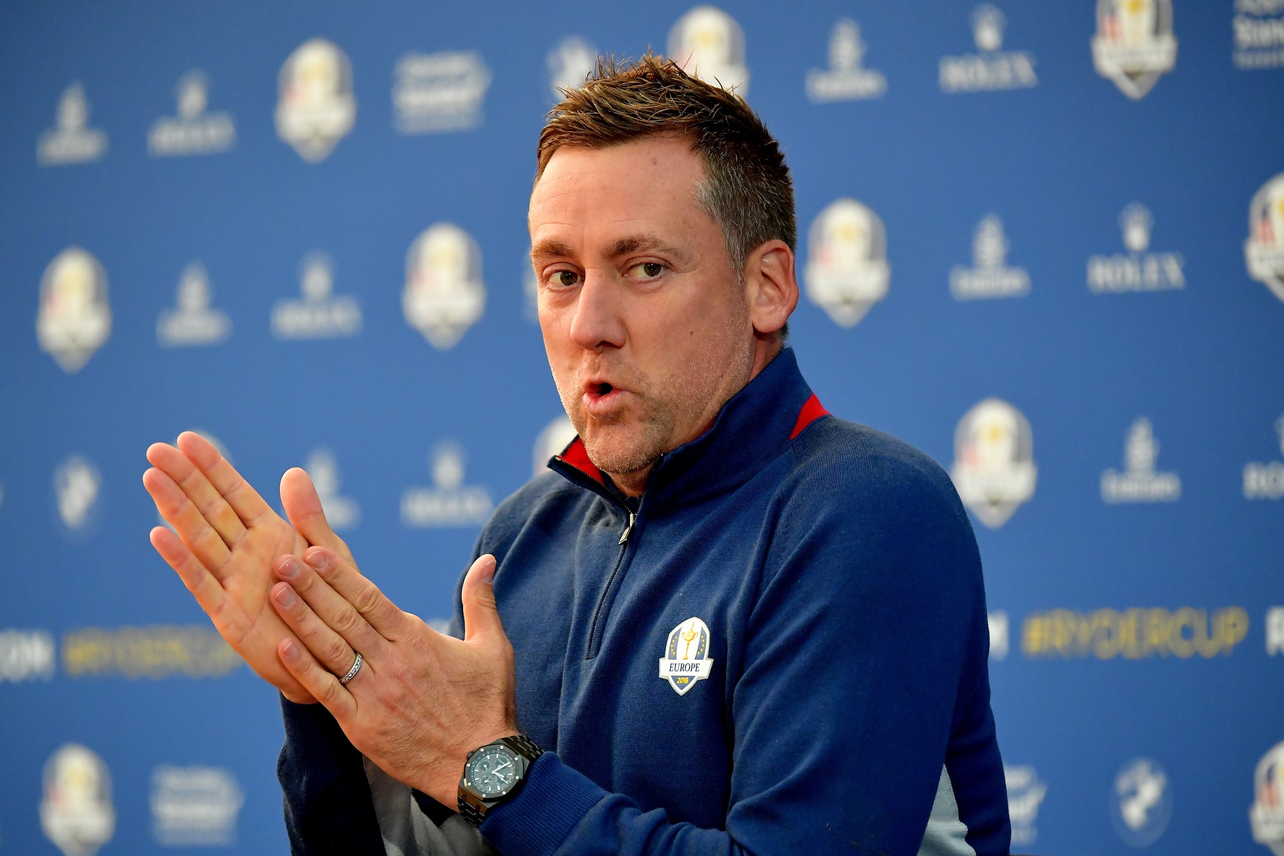 PARIS, FRANCE - SEPTEMBER 25:  Ian Poulter of Europe attends a press conference ahead of the 2018 Ryder Cup at Le Golf National on September 25, 2018 in Paris, France.  (Photo by Stuart Franklin/Getty Images)