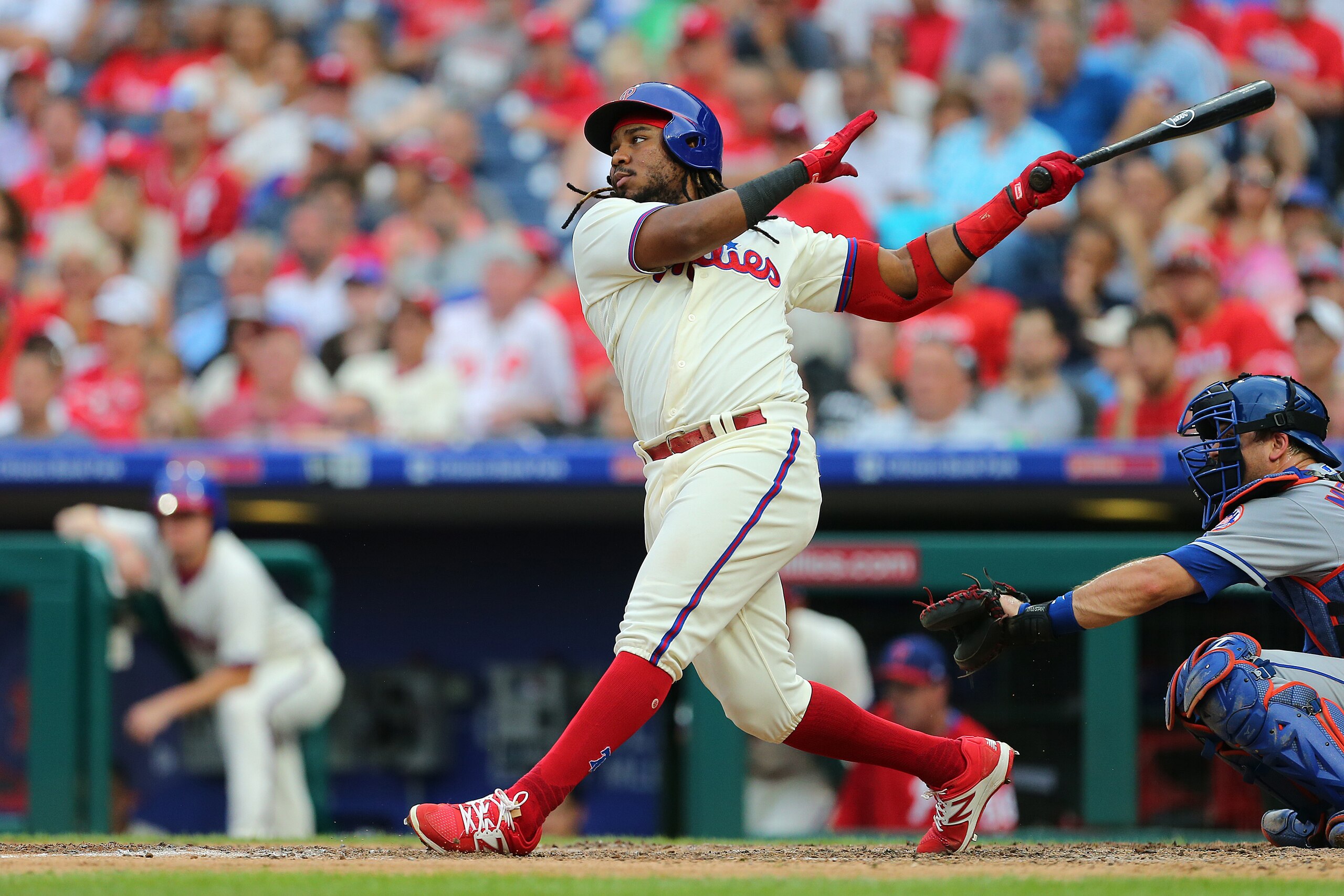 PHILADELPHIA, PA - AUGUST 18: Maikel Franco #7 of the Philadelphia Phillies in action against the New York Mets during a game at Citizens Bank Park on August 18, 2018 in Philadelphia, Pennsylvania. (Photo by Rich Schultz/Getty Images)