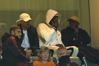 MANCHESTER, ENGLAND - SEPTEMBER 25:  Paul Pogba of Manchester United looks on from the stands during the Carabao Cup Third Round match between Manchester United and Derby County at Old Trafford on September 25, 2018 in Manchester, England.  (Photo by Gare