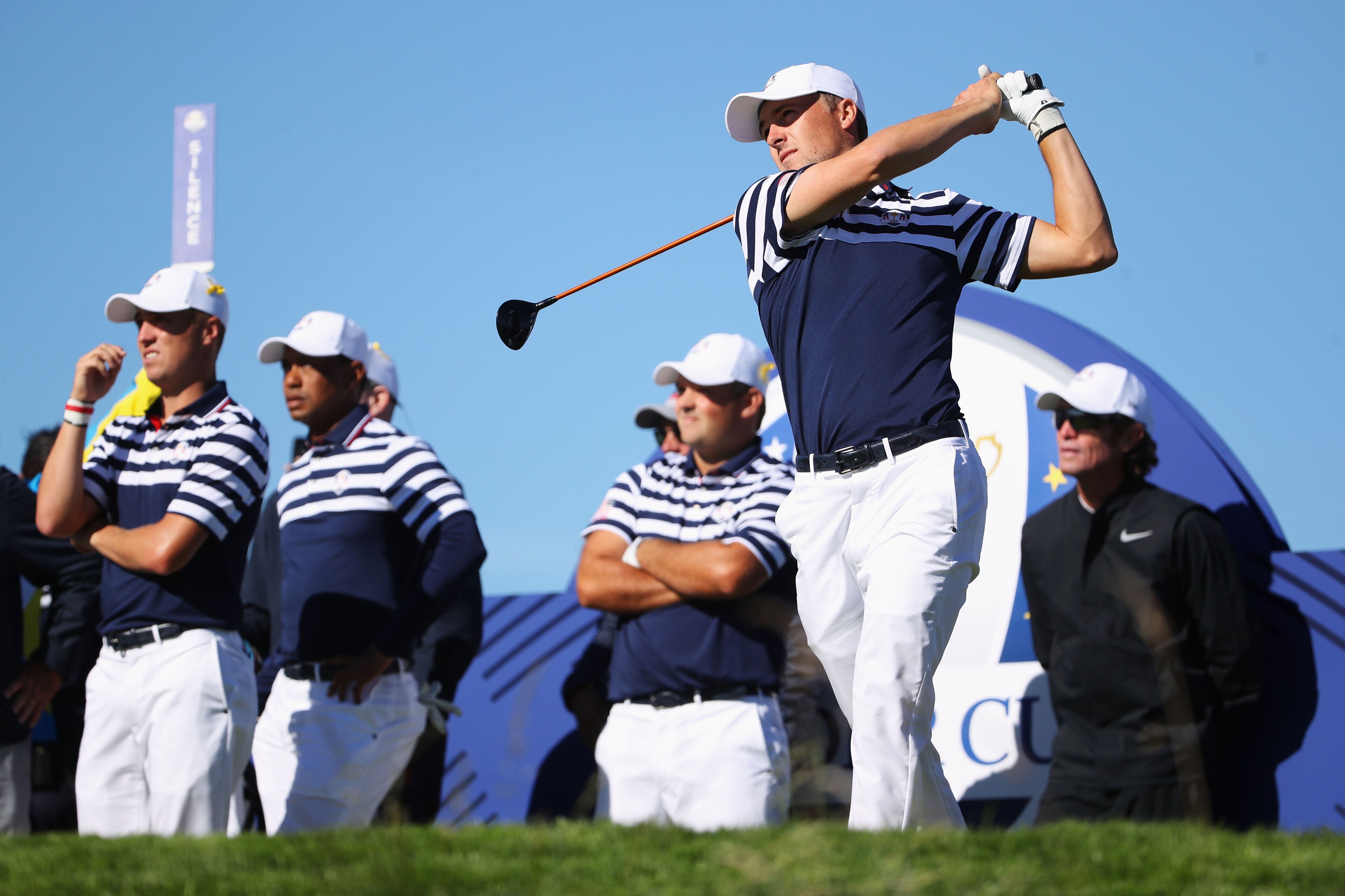 PARIS, FRANCE - SEPTEMBER 26:  Jordan Spieth of the United States tees off on the 13th during practice ahead of the 2018 Ryder Cup at Le Golf National on September 26, 2018 in Paris, France.  (Photo by Christian Petersen/Getty Images)