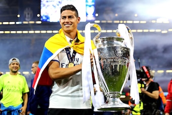 CARDIFF, WALES - JUNE 03: James Rodriguez of Real Madrid poses with the trophy following the UEFA Champions League Final match between Juventus and Real Madrid at the National Stadium of Wales on June 3, 2017 in Cardiff, Wales. (Photo by Chris Brunskill L