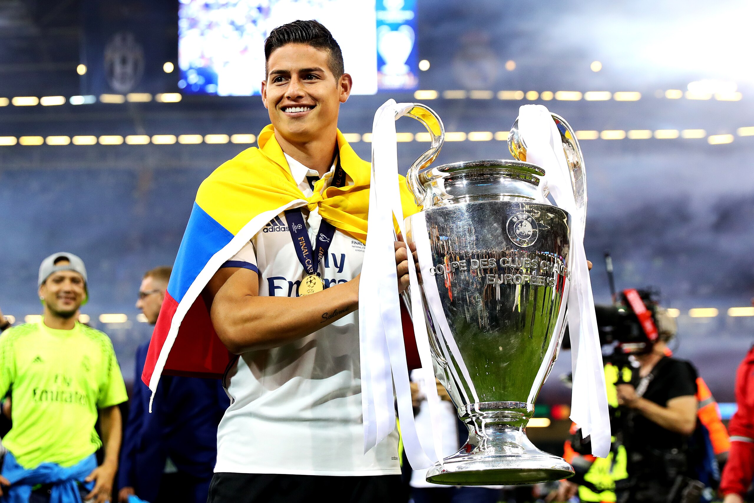 CARDIFF, WALES - JUNE 03: James Rodriguez of Real Madrid poses with the trophy following the UEFA Champions League Final match between Juventus and Real Madrid at the National Stadium of Wales on June 3, 2017 in Cardiff, Wales. (Photo by Chris Brunskill L