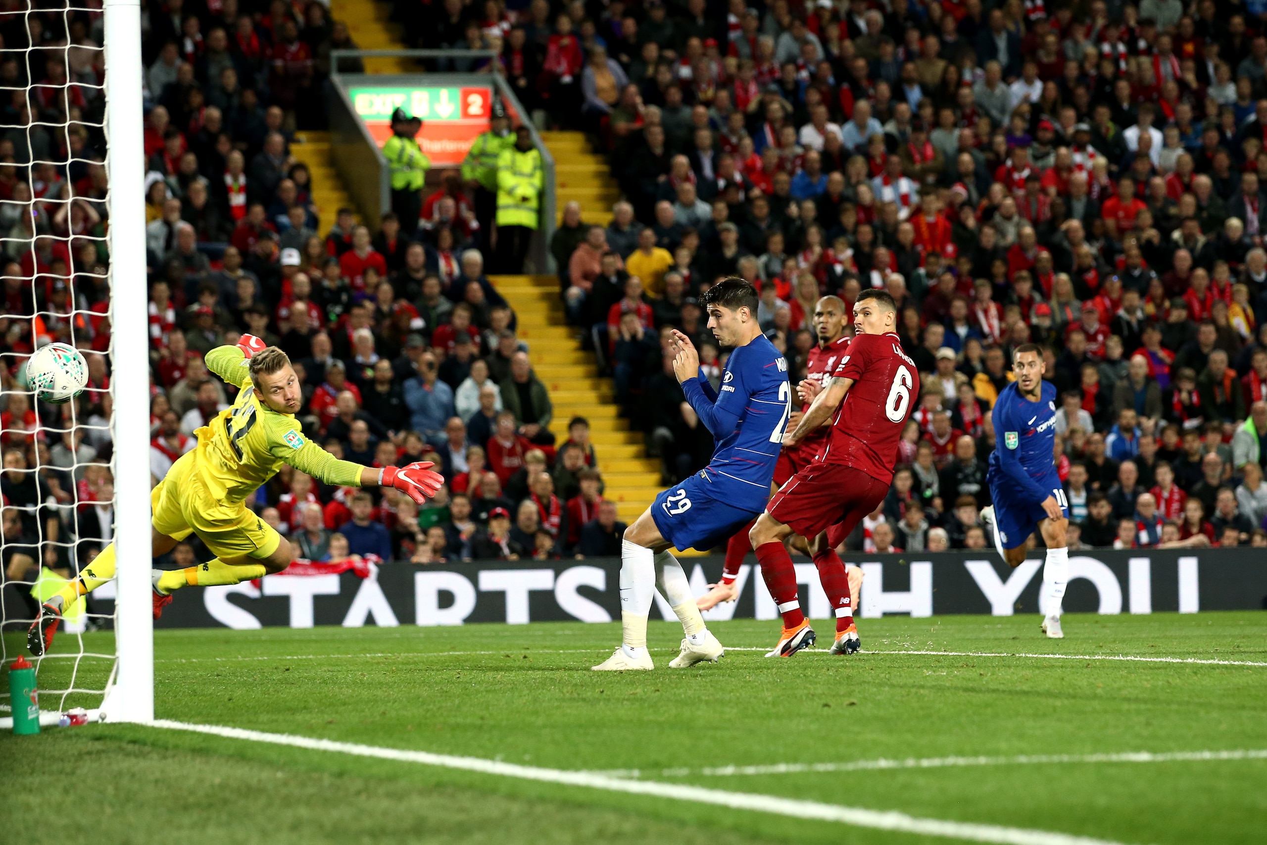 LIVERPOOL, ENGLAND - SEPTEMBER 26:  Eden Hazard of Chelsea scores his sides second goal during the Carabao Cup Third Round match between Liverpool and Chelsea at Anfield on September 26, 2018 in Liverpool, England.  (Photo by Jan Kruger/Getty Images)