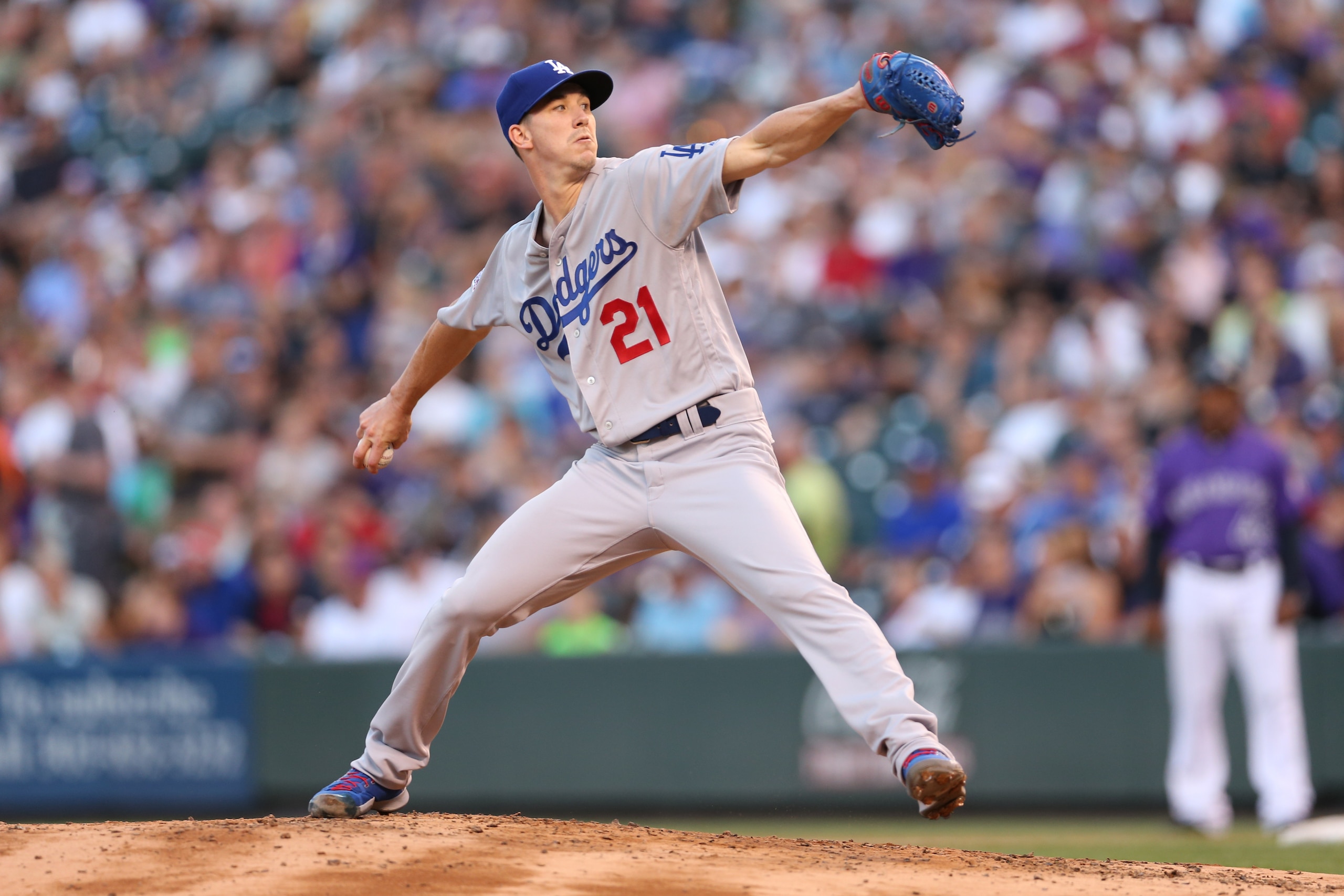 DENVER, CO - SEPTEMBER 08:  Walker Buehler #21 of the Los Angeles Dodgers pitches during the game against the Colorado Rockies at Coors Field on September 8, 2018 in Denver, Colorado.  The Rockies defeated the Dodgers 4-2.  (Photo by Rob Leiter/MLB Photos