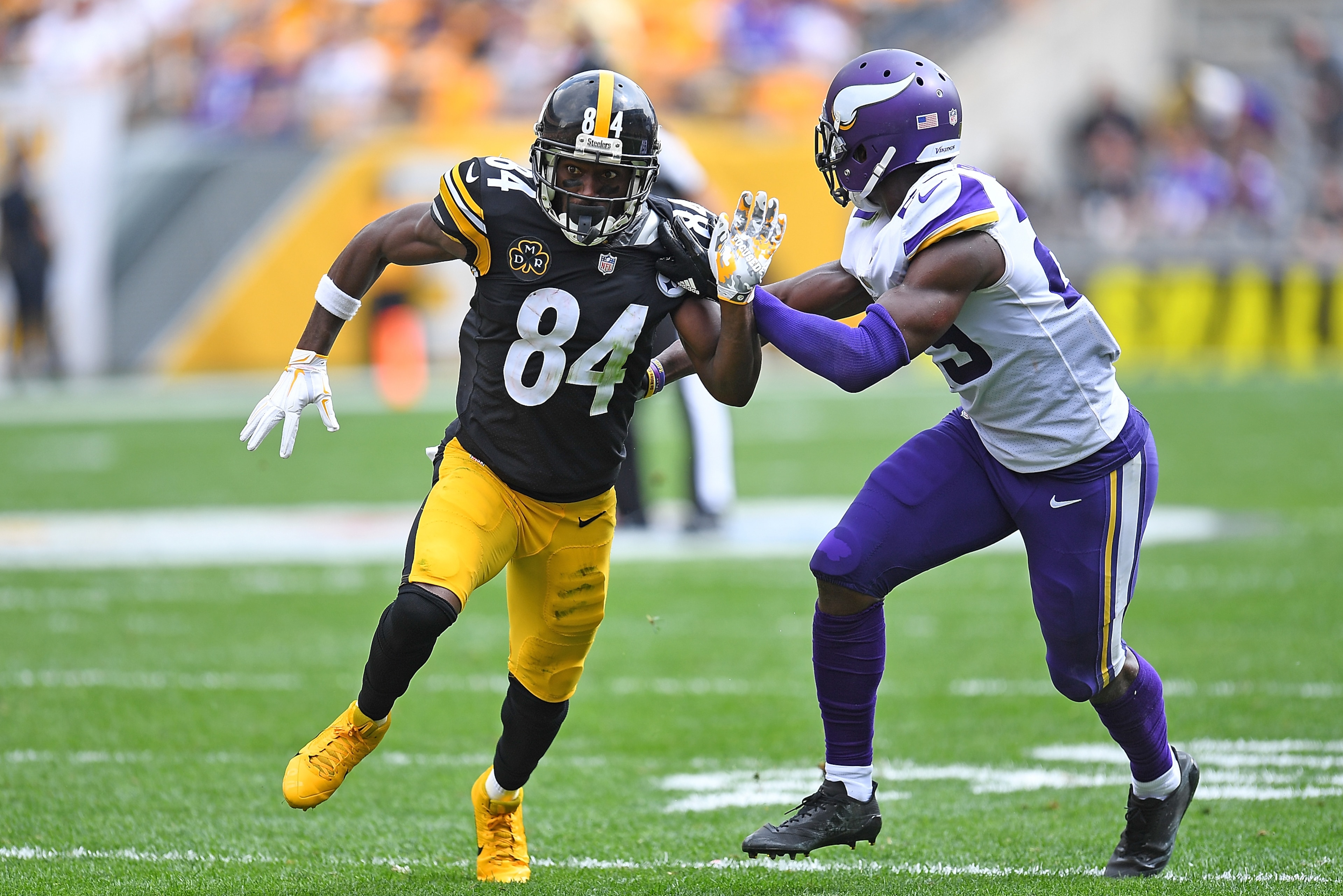 PITTSBURGH, PA - SEPTEMBER 17: Antonio Brown #84 of the Pittsburgh Steelers runs his route while being defended by Xavier Rhodes #29 of the Minnesota Vikings in the second half during the game at Heinz Field on September 17, 2017 in Pittsburgh, Pennsylva PITTSBURGH, PA - SEPTEMBER 17: Antonio Brown #84 of the Pittsburgh Steelers runs his route while being defended by Xavier Rhodes #29 of the Minnesota Vikings in the second half during the game at Heinz Field on September 17, 2017 in Pittsburgh, Pennsylva