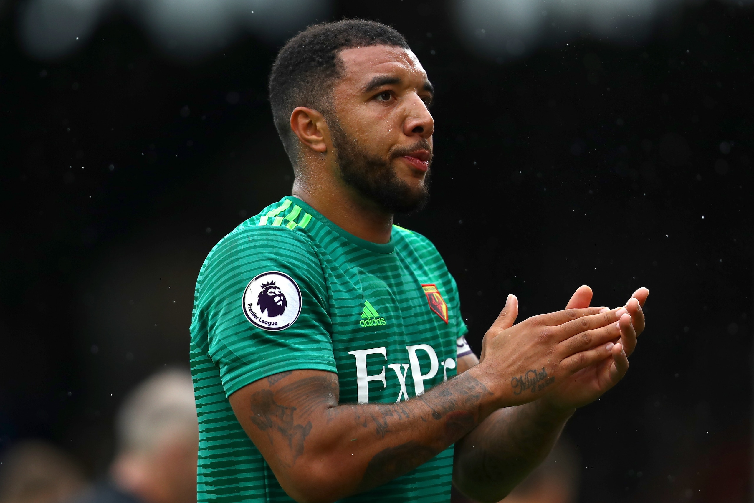 LONDON, ENGLAND - SEPTEMBER 22:  Troy Deeney of Watford applauds fans during the Premier League match between Fulham FC and Watford FC at Craven Cottage on September 22, 2018 in London, United Kingdom.  (Photo by Dean Mouhtaropoulos/Getty Images)