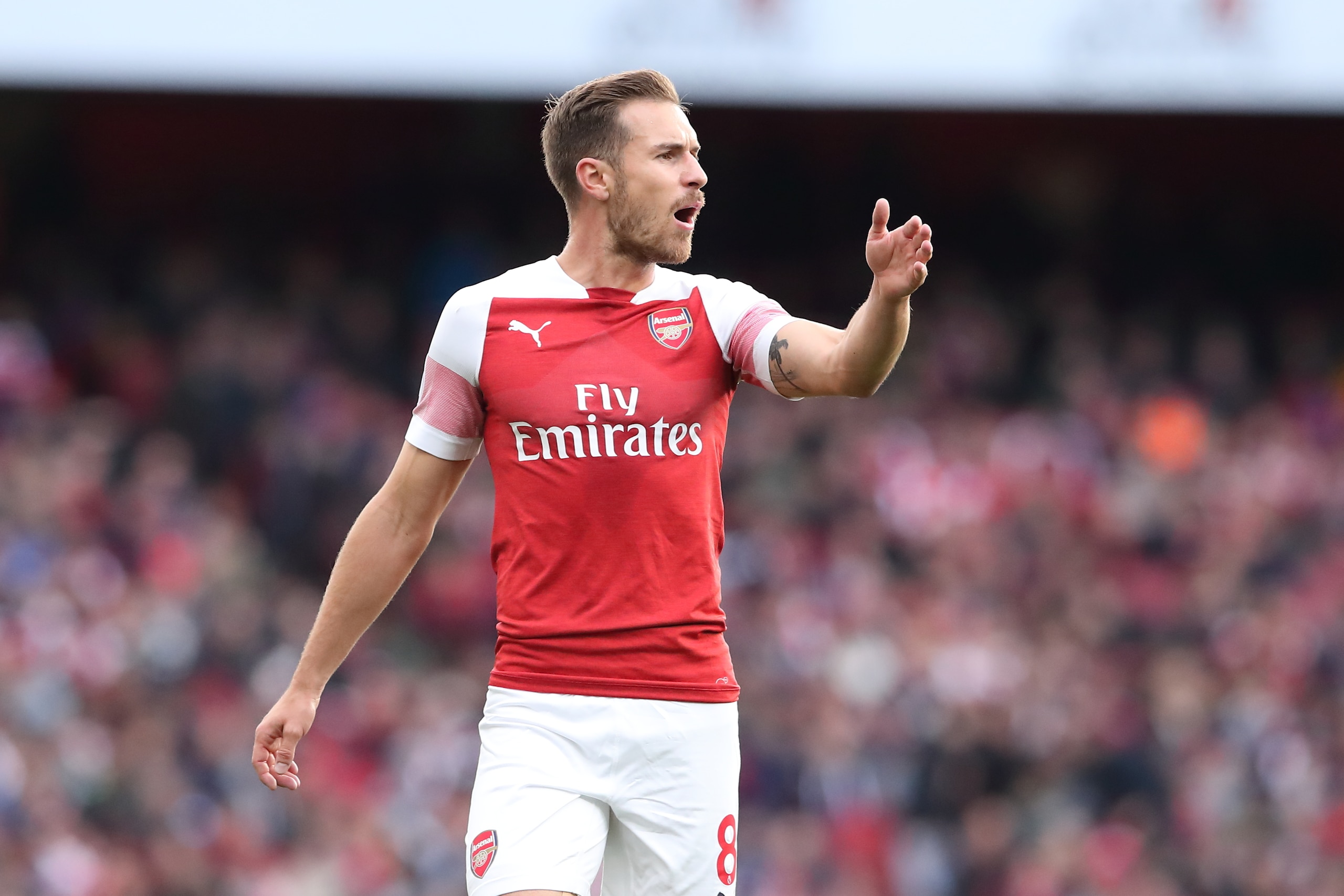 LONDON, ENGLAND - SEPTEMBER 23: Aaron Ramsey of Arsenal during the Premier League match between Arsenal FC and Everton FC at Emirates Stadium on September 23, 2018 in London, United Kingdom. (Photo by James Williamson - AMA/Getty Images)