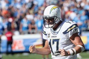 SAN DIEGO, CA - SEPTEMBER 13:  Quarterback Philip Rivers #17 of the San Diego Chargers celebrates after a touchdown against the Detroit Lions at Qualcomm Stadium on September 13, 2015 in San Diego, California.  (Photo by Stephen Dunn/Getty Images)