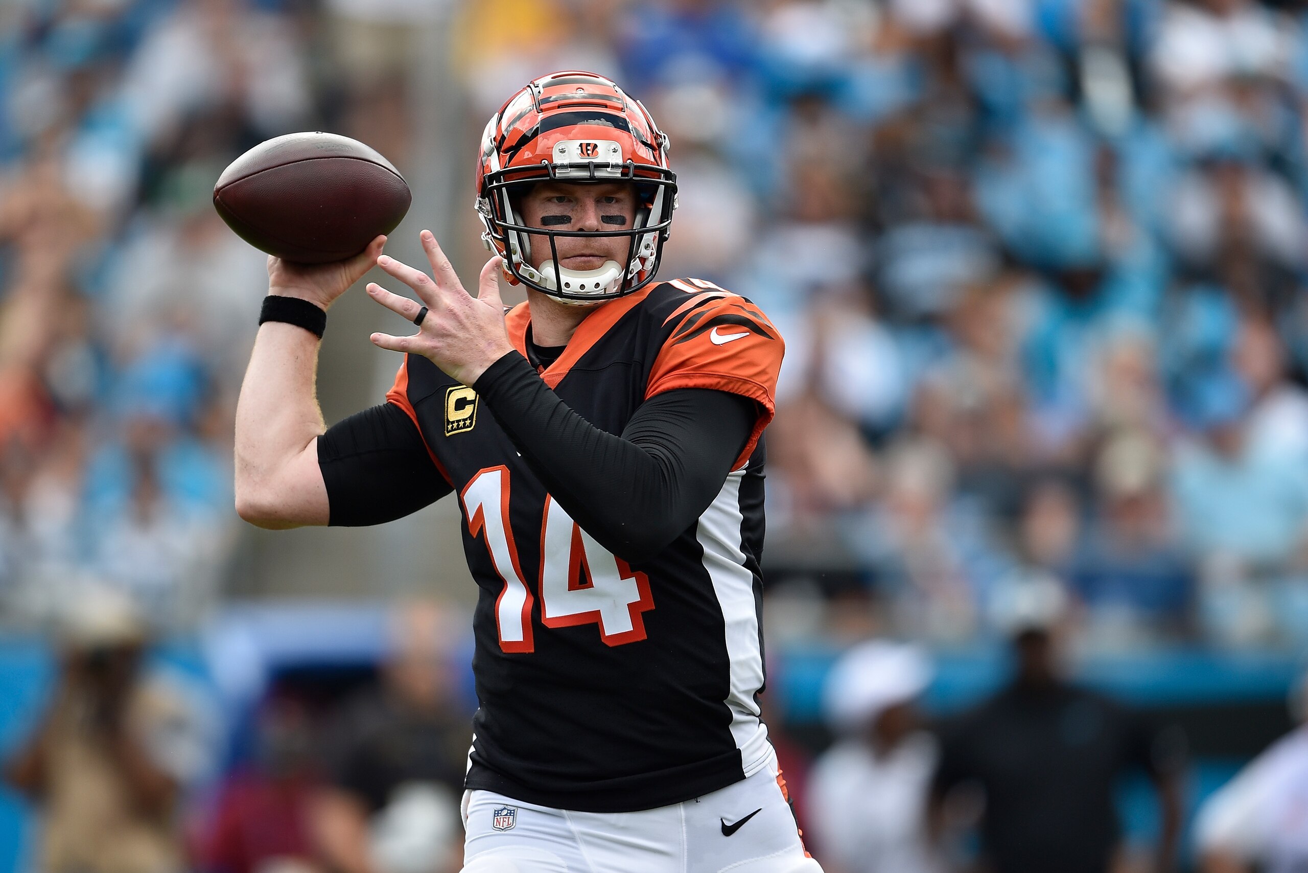 CHARLOTTE, NC - SEPTEMBER 23: Andy Dalton #14 of the Cincinnati Bengals against the Carolina Panthers during their game at Bank of America Stadium on September 23, 2018 in Charlotte, North Carolina. The Panthers won 31-21. (Photo by Grant Halverson/Gett CHARLOTTE, NC - SEPTEMBER 23: Andy Dalton #14 of the Cincinnati Bengals against the Carolina Panthers during their game at Bank of America Stadium on September 23, 2018 in Charlotte, North Carolina. The Panthers won 31-21. (Photo by Grant Halverson/Gett