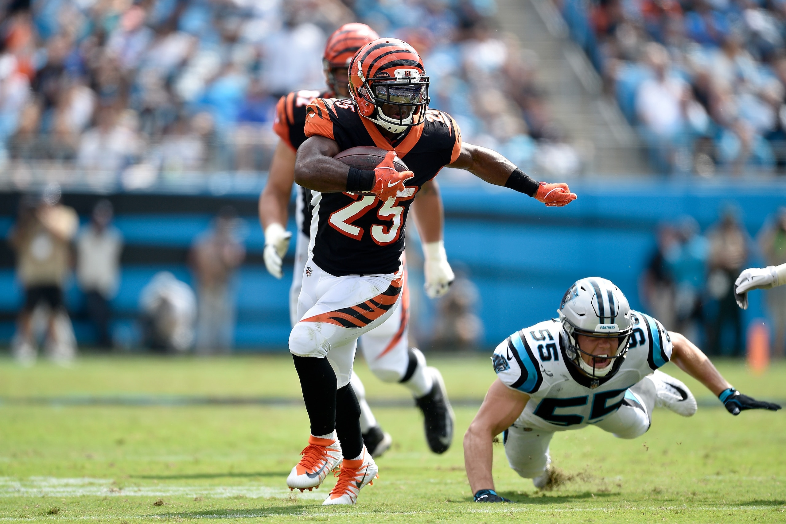 CHARLOTTE, NC - SEPTEMBER 23: Giovani Bernard #25 of the Cincinnati Bengals runs the ball against David Mayo #55 of the Carolina Panthers in the second quarter during their game at Bank of America Stadium on September 23, 2018 in Charlotte, North Carolin CHARLOTTE, NC - SEPTEMBER 23: Giovani Bernard #25 of the Cincinnati Bengals runs the ball against David Mayo #55 of the Carolina Panthers in the second quarter during their game at Bank of America Stadium on September 23, 2018 in Charlotte, North Carolin