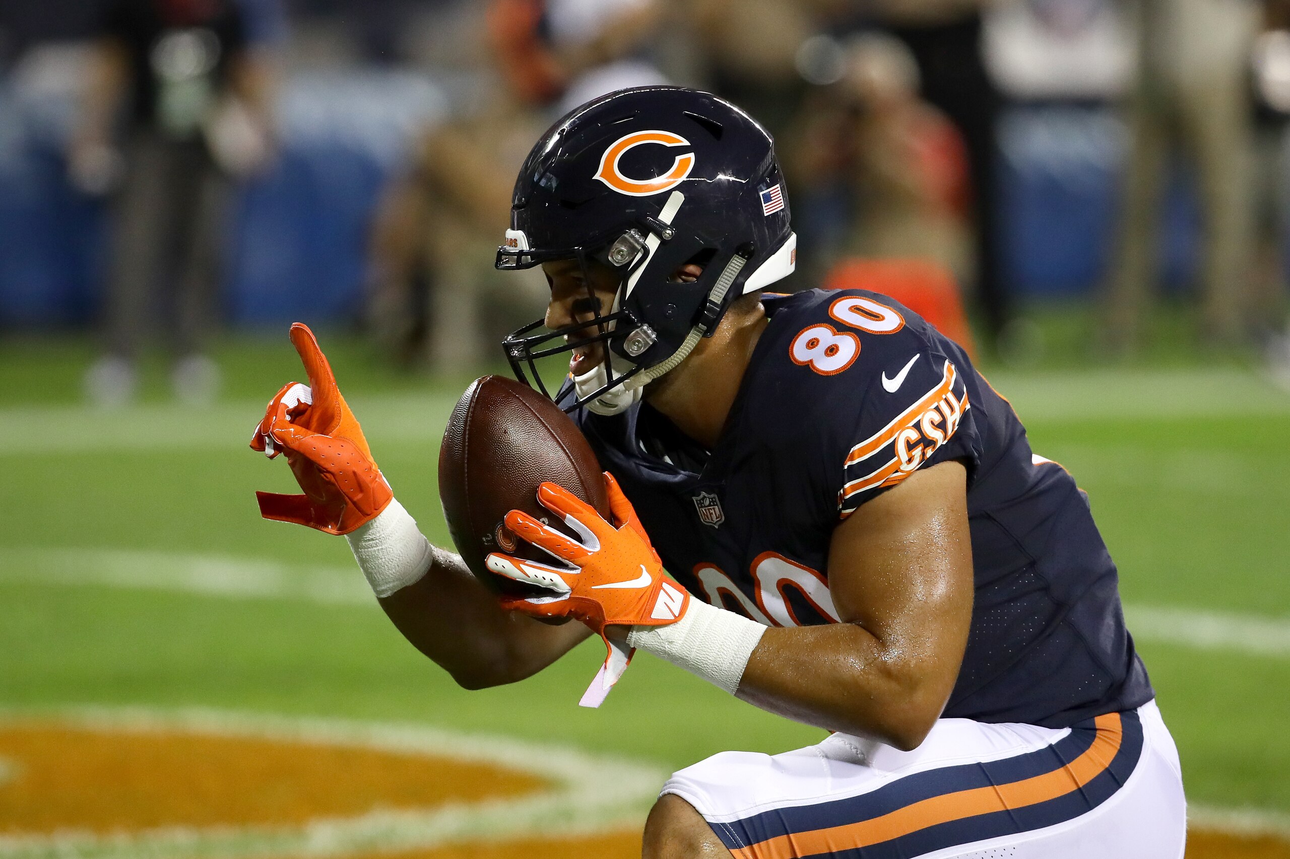 CHICAGO, IL - SEPTEMBER 17: Trey Burton #80 of the Chicago Bears celebrates after scoring against the Seattle Seahawks in the first quarter at Soldier Field on September 17, 2018 in Chicago, Illinois. (Photo by Jonathan Daniel/Getty Images) CHICAGO, IL - SEPTEMBER 17: Trey Burton #80 of the Chicago Bears celebrates after scoring against the Seattle Seahawks in the first quarter at Soldier Field on September 17, 2018 in Chicago, Illinois. (Photo by Jonathan Daniel/Getty Images)