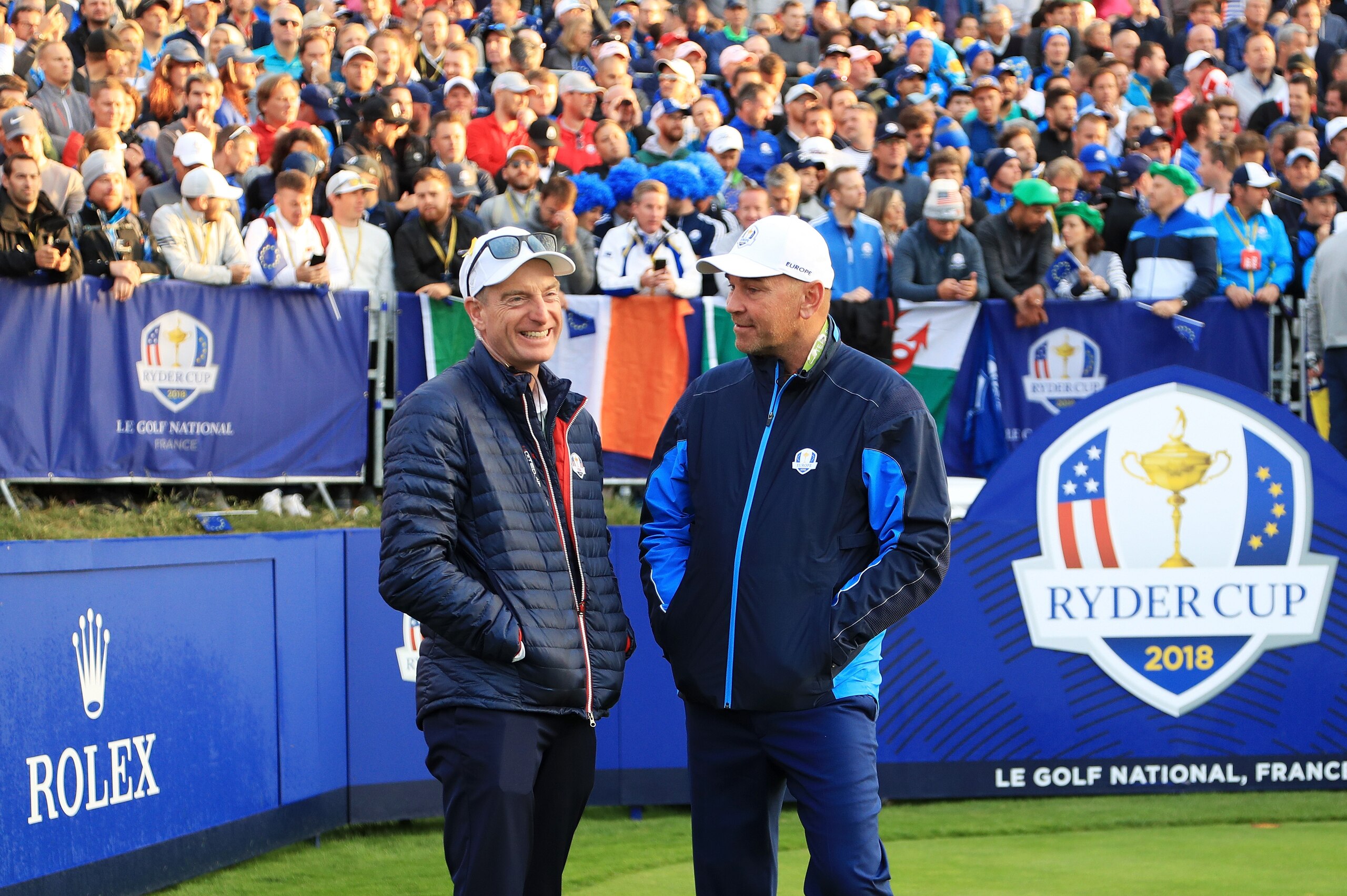 PARIS, FRANCE - SEPTEMBER 28:  Captain Thomas Bjorn of Europe and Captain Jim Furyk of the United States stand on the first tee during the morning fourball matches of the 2018 Ryder Cup at Le Golf National on September 28, 2018 in Paris, France.  (Photo b