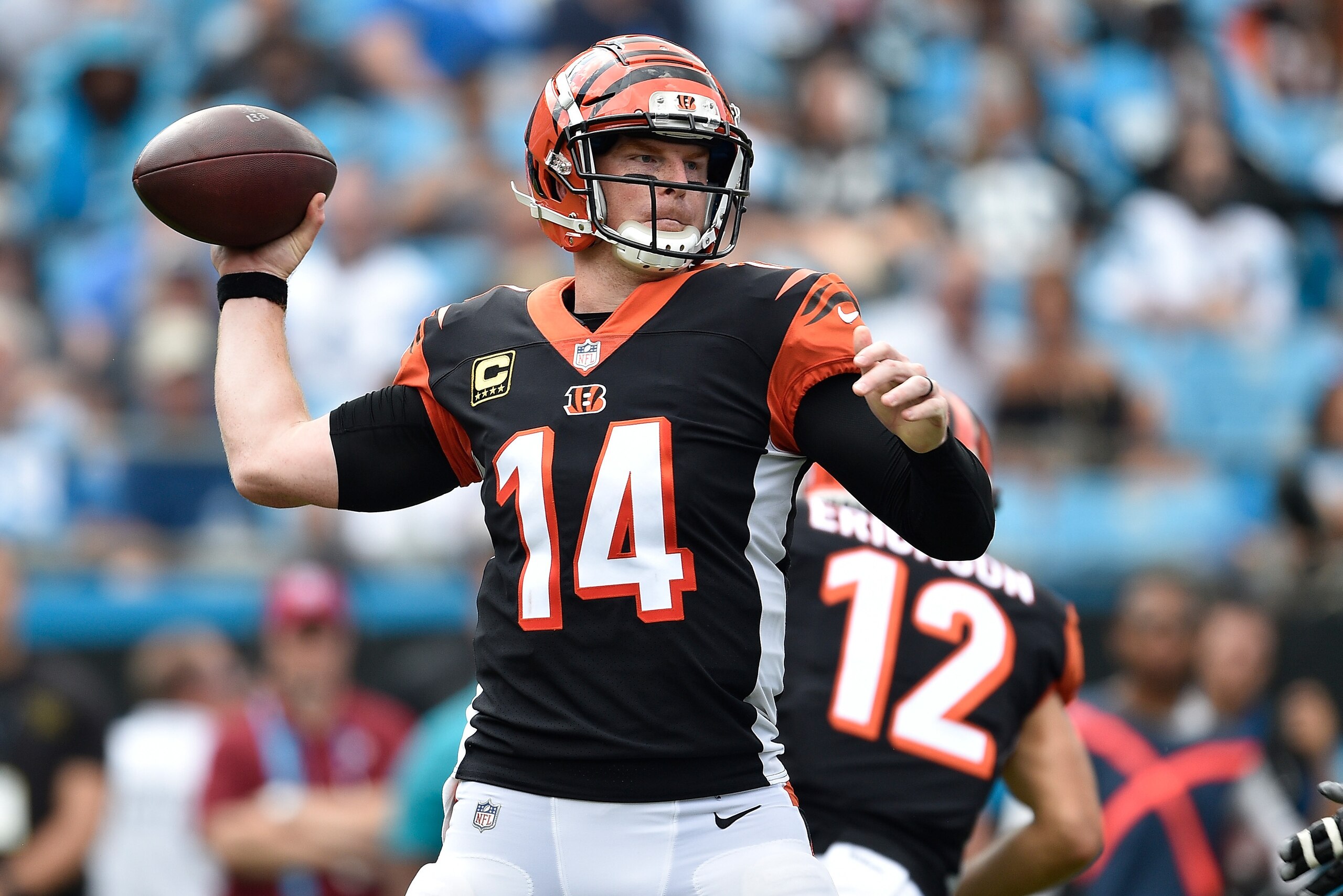 CHARLOTTE, NC - SEPTEMBER 23:  Andy Dalton #14 of the Cincinnati Bengals against the Carolina Panthers during their game at Bank of America Stadium on September 23, 2018 in Charlotte, North Carolina. The Panthers won 31-21.  (Photo by Grant Halverson/Gett