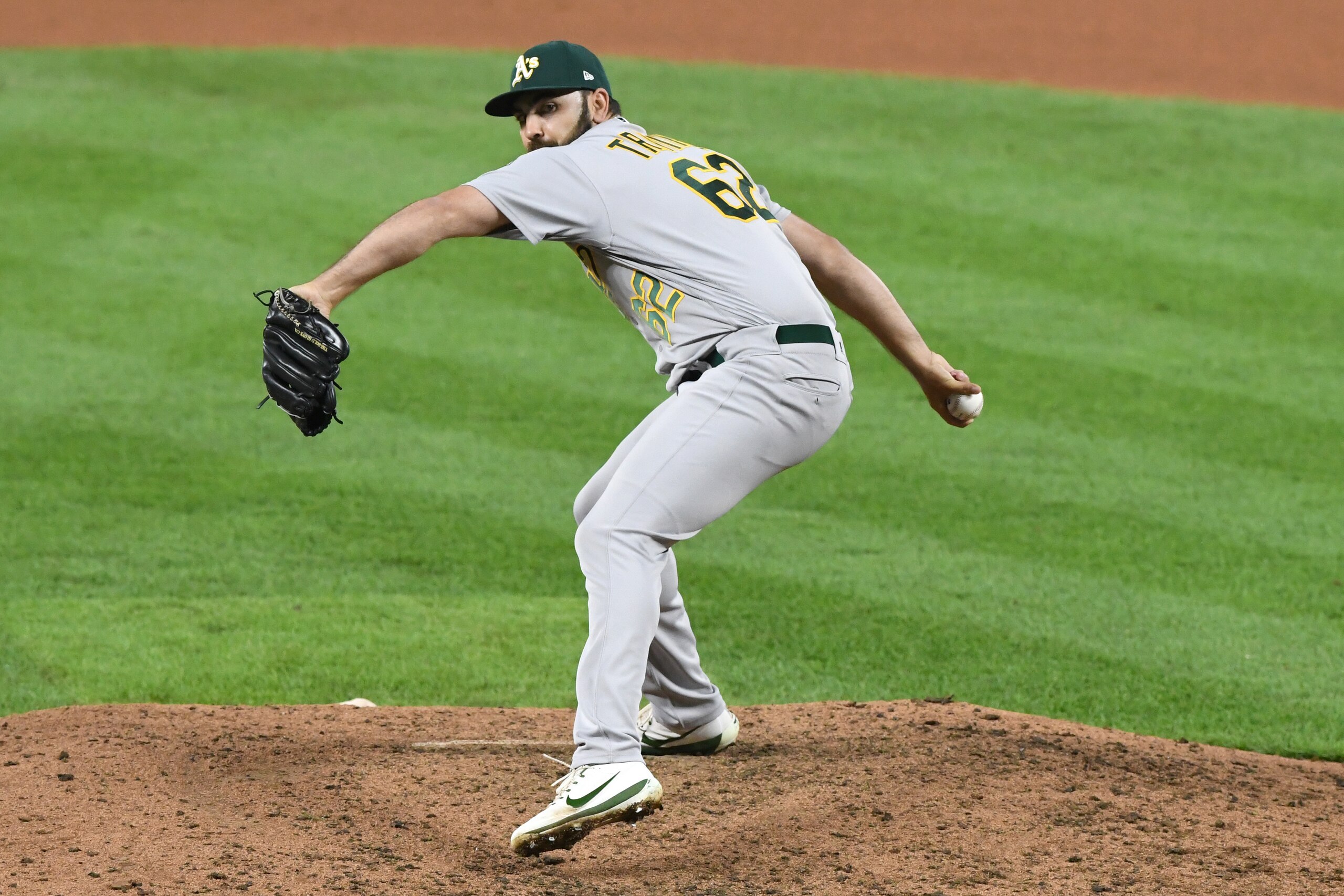 BALTIMORE, MD - SEPTEMBER 11: Lou Trivino #62 of the Oakland Athletics pitches during a baseball game against the Baltimore Orioles at Oriole Park at Camden Yards on September 11, 2018 in Baltimore, Maryland. (Photo by Mitchell Layton/Getty Images) BALTIMORE, MD - SEPTEMBER 11: Lou Trivino #62 of the Oakland Athletics pitches during a baseball game against the Baltimore Orioles at Oriole Park at Camden Yards on September 11, 2018 in Baltimore, Maryland. (Photo by Mitchell Layton/Getty Images)