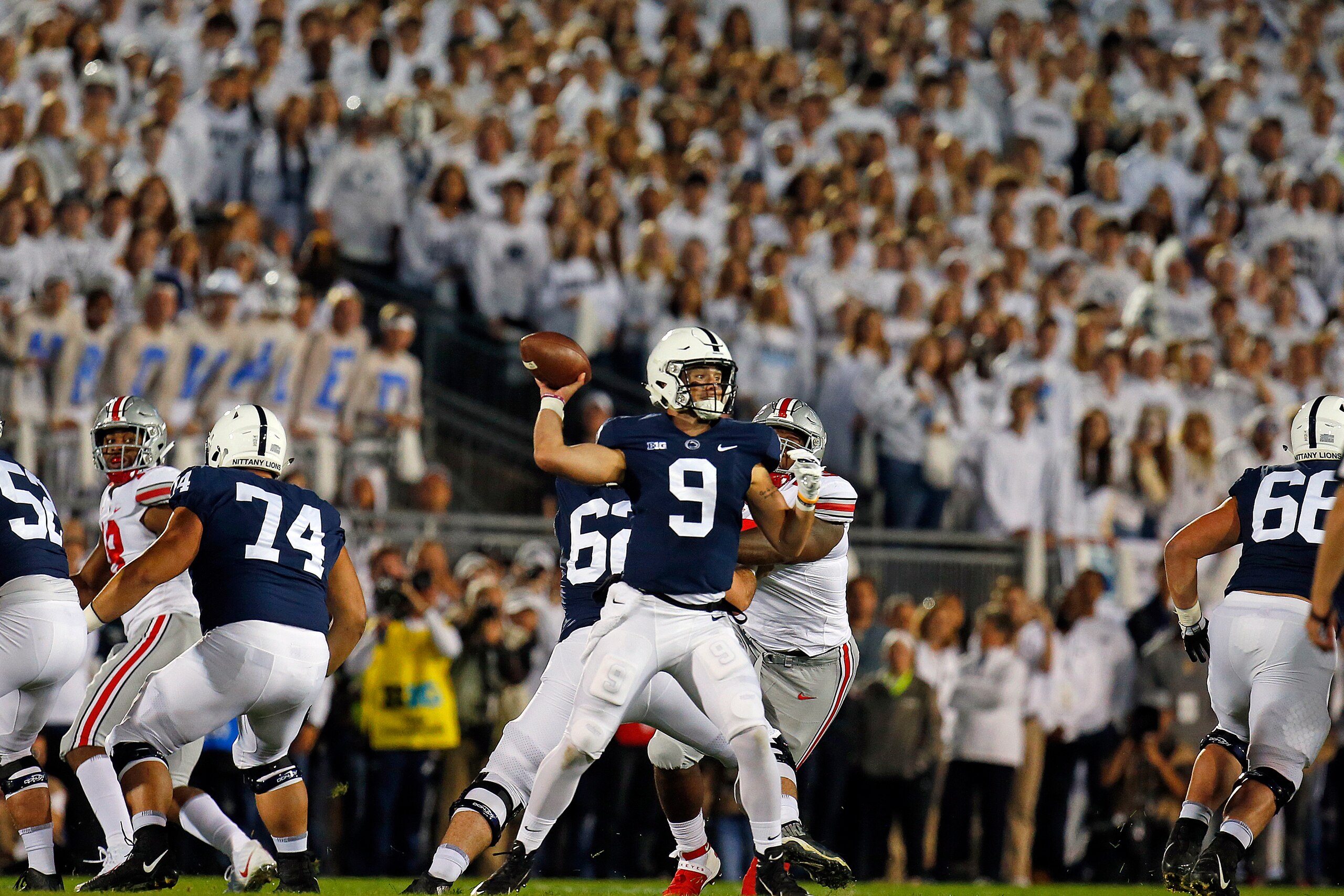 STATE COLLEGE, PA - SEPTEMBER 29: Trace McSorley #9 of the Penn State Nittany Lions passes against the Ohio State Buckeyes on September 29, 2018 at Beaver Stadium in State College, Pennsylvania. (Photo by Justin K. Aller/Getty Images) STATE COLLEGE, PA - SEPTEMBER 29: Trace McSorley #9 of the Penn State Nittany Lions passes against the Ohio State Buckeyes on September 29, 2018 at Beaver Stadium in State College, Pennsylvania. (Photo by Justin K. Aller/Getty Images)