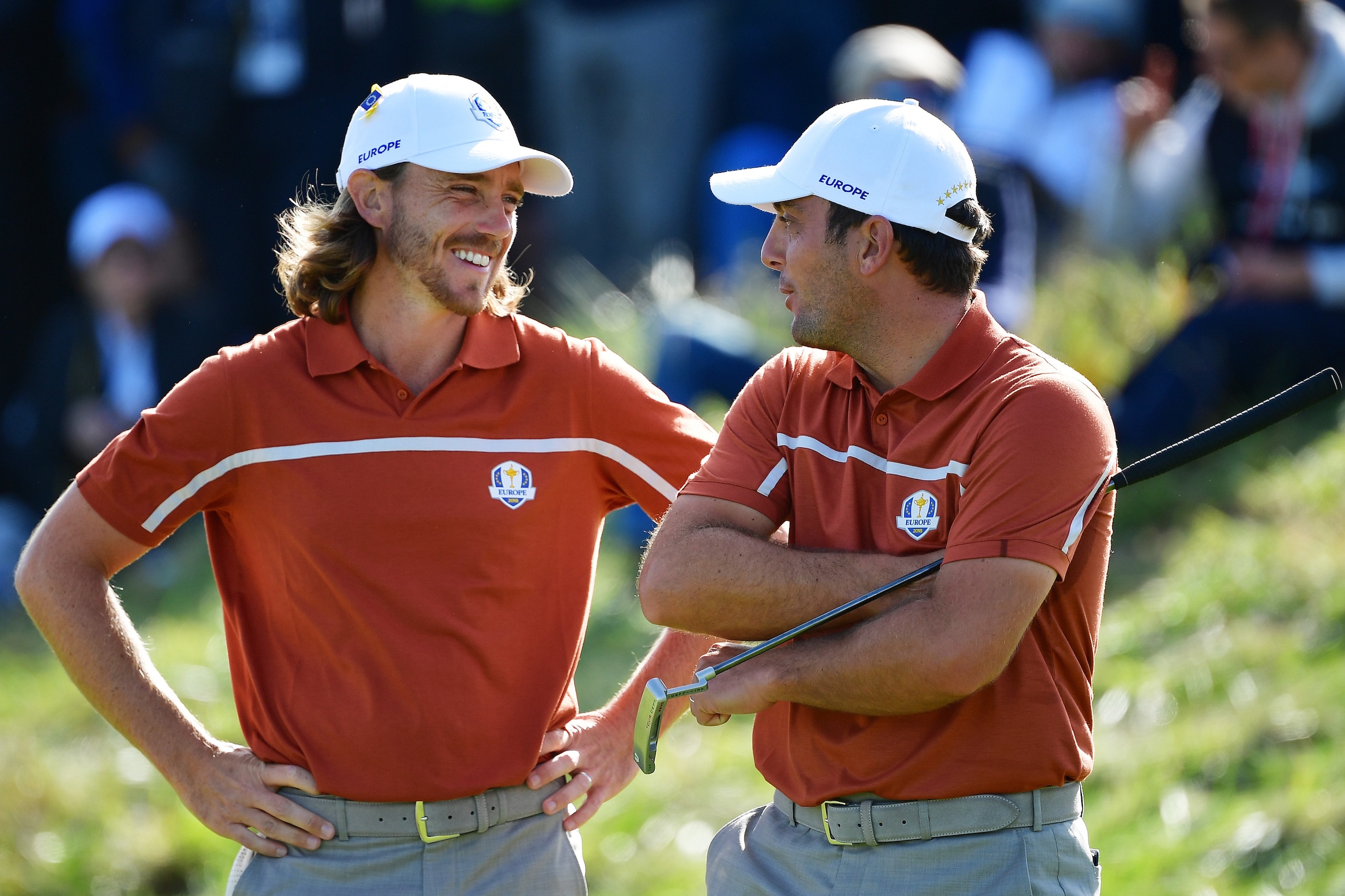PARIS, FRANCE - SEPTEMBER 29: Tommy Fleetwood of Europe and Francesco Molinari of Europe in conversation during the afternoon foursome matches of the 2018 Ryder Cup at Le Golf National on September 29, 2018 in Paris, France.  (Photo by Stuart Franklin/Get