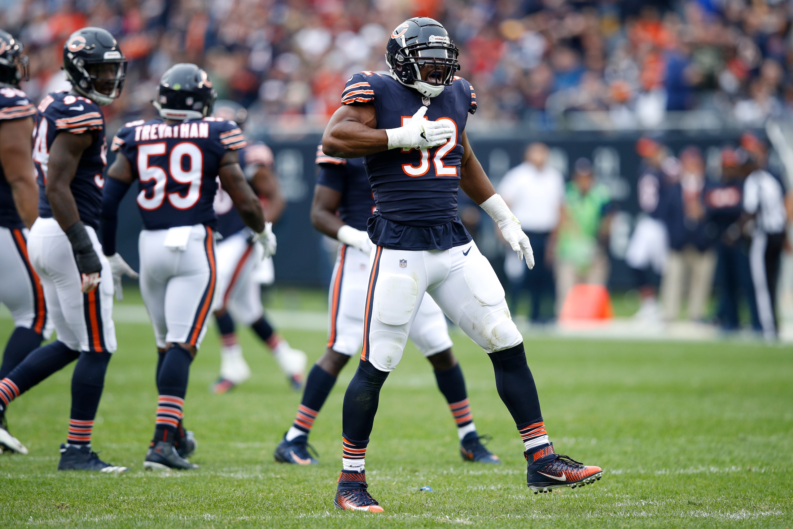 CHICAGO, IL - SEPTEMBER 30:  Khalil Mack #52 of the Chicago Bears celebrates after stripping the football in the second quarter against the Tampa Bay Buccaneers at Soldier Field on September 30, 2018 in Chicago, Illinois.  (Photo by Joe Robbins/Getty Imag